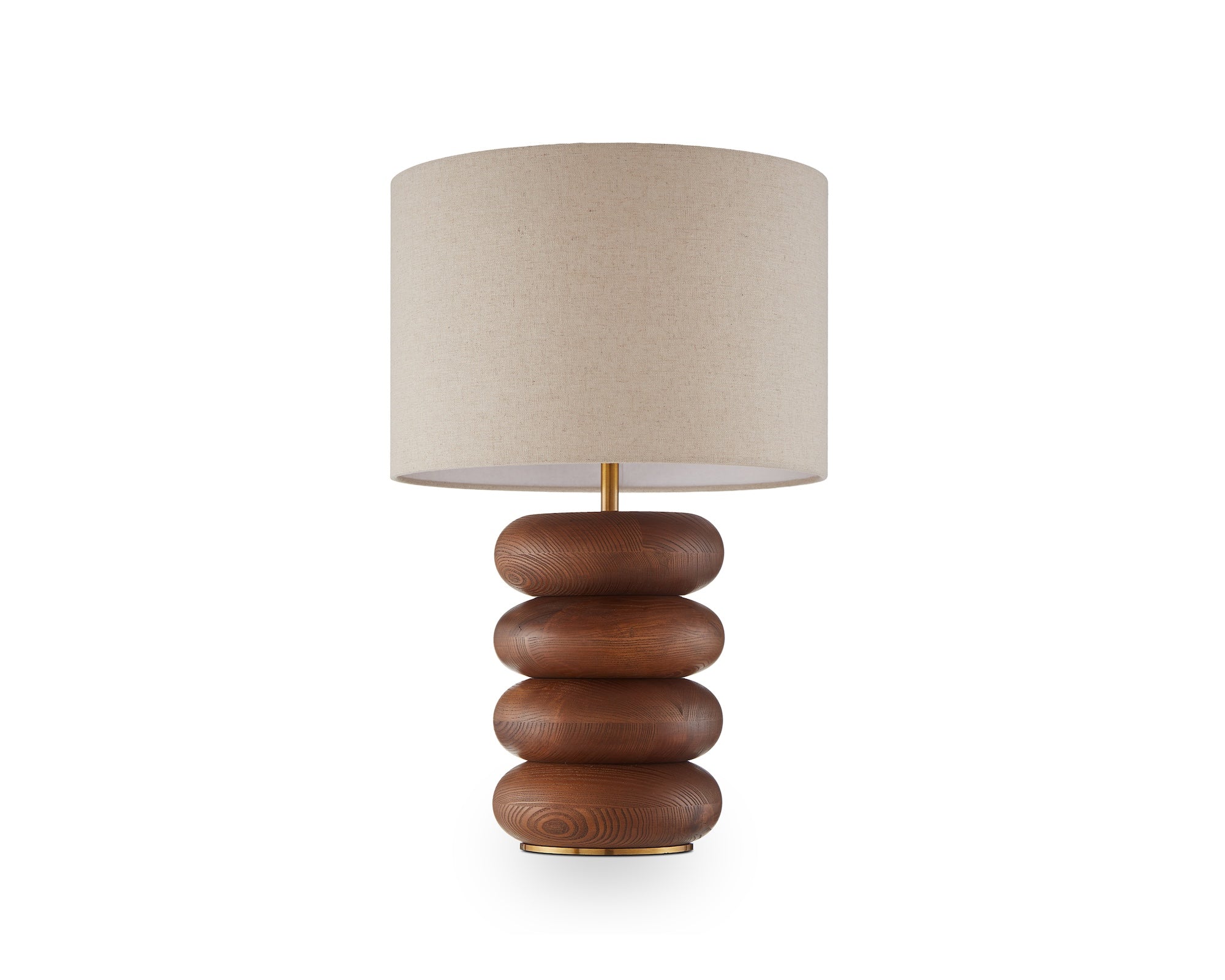 Dalt Table Lamp by Liang & Eimil featuring a sculpted oak wood base with a textured beige linen shade