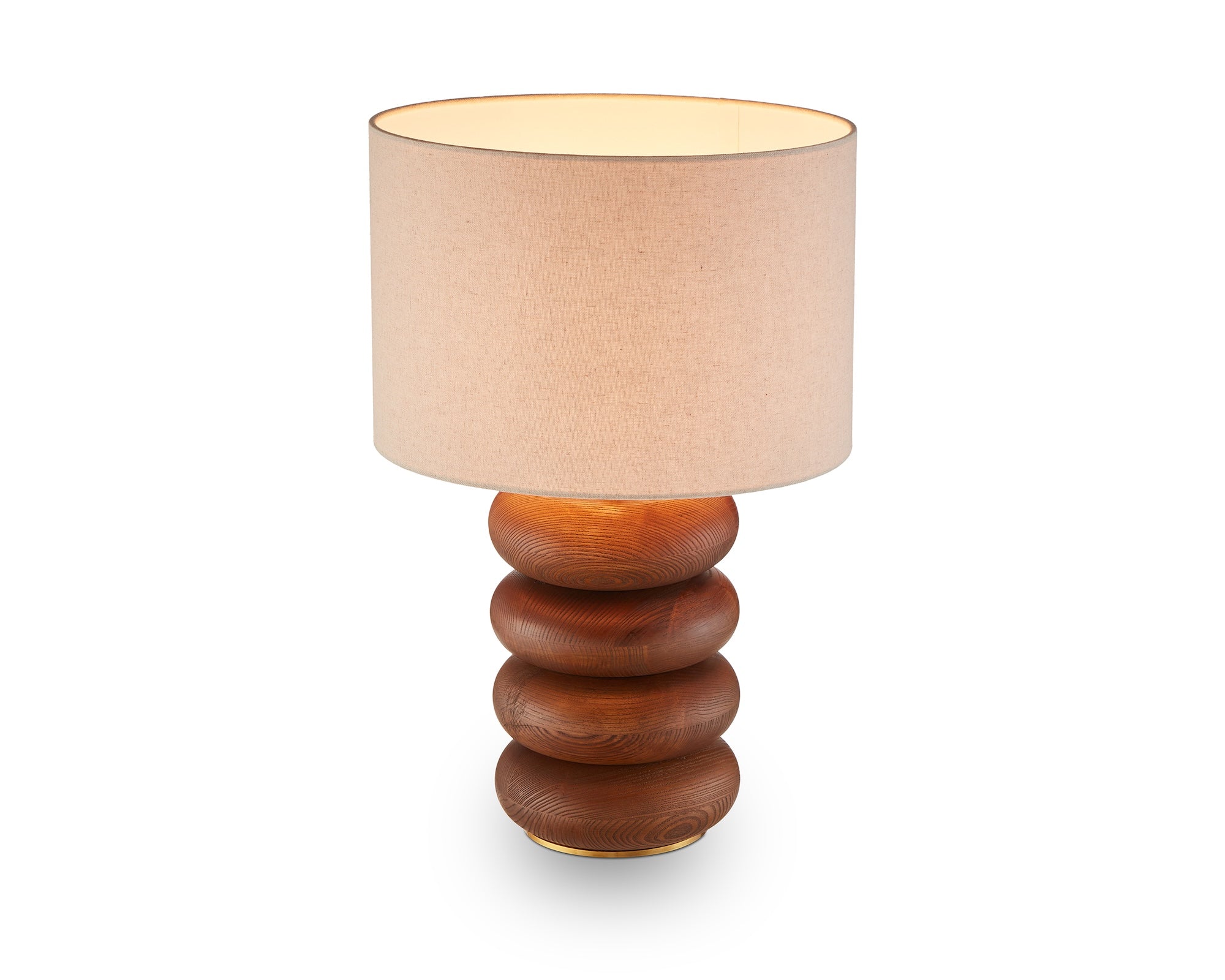 Dalt Table Lamp by Liang & Eimil featuring a sculpted oak wood base with a textured beige linen shade