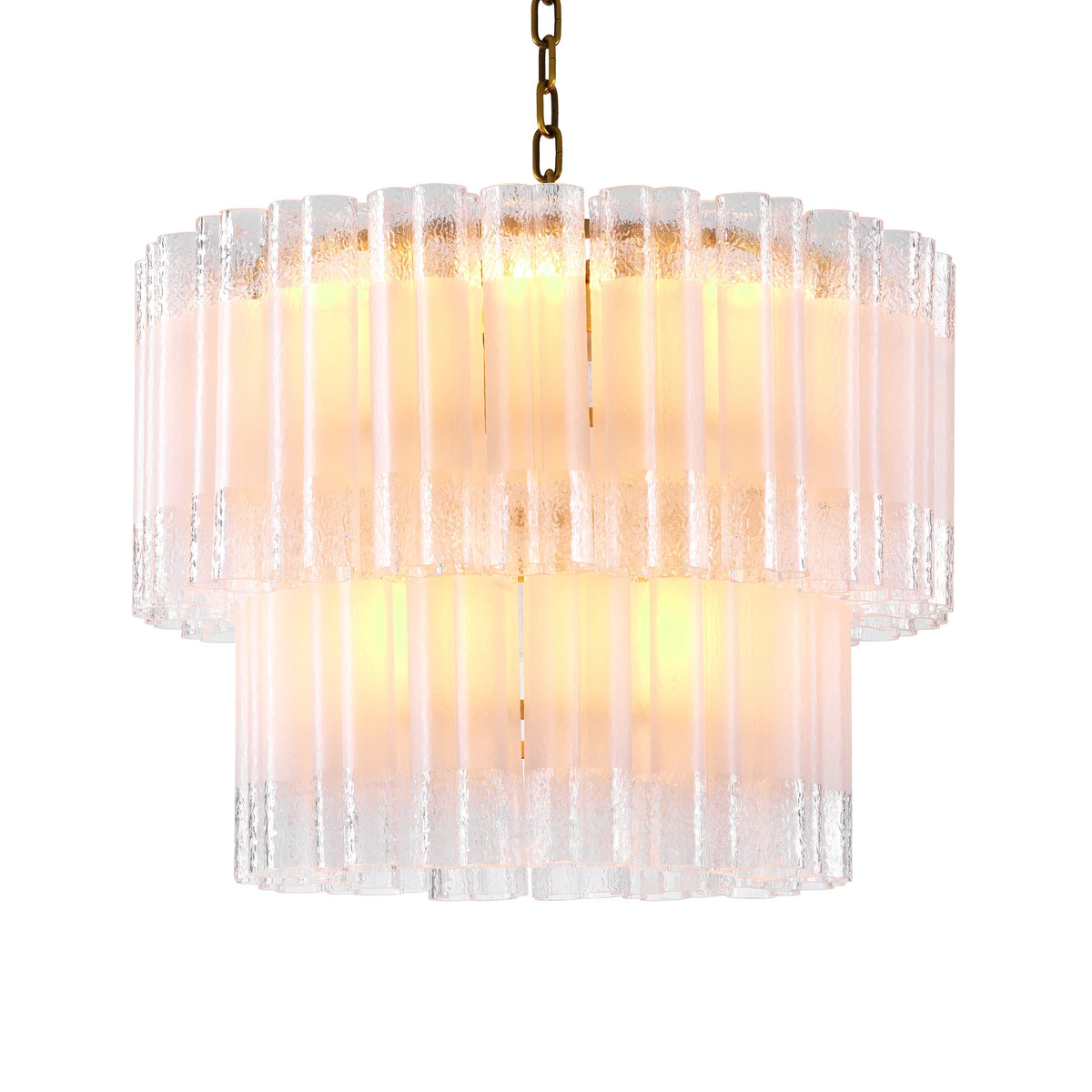 Denton S Chandelier showcasing elegant antique brass and frosted recycled glass