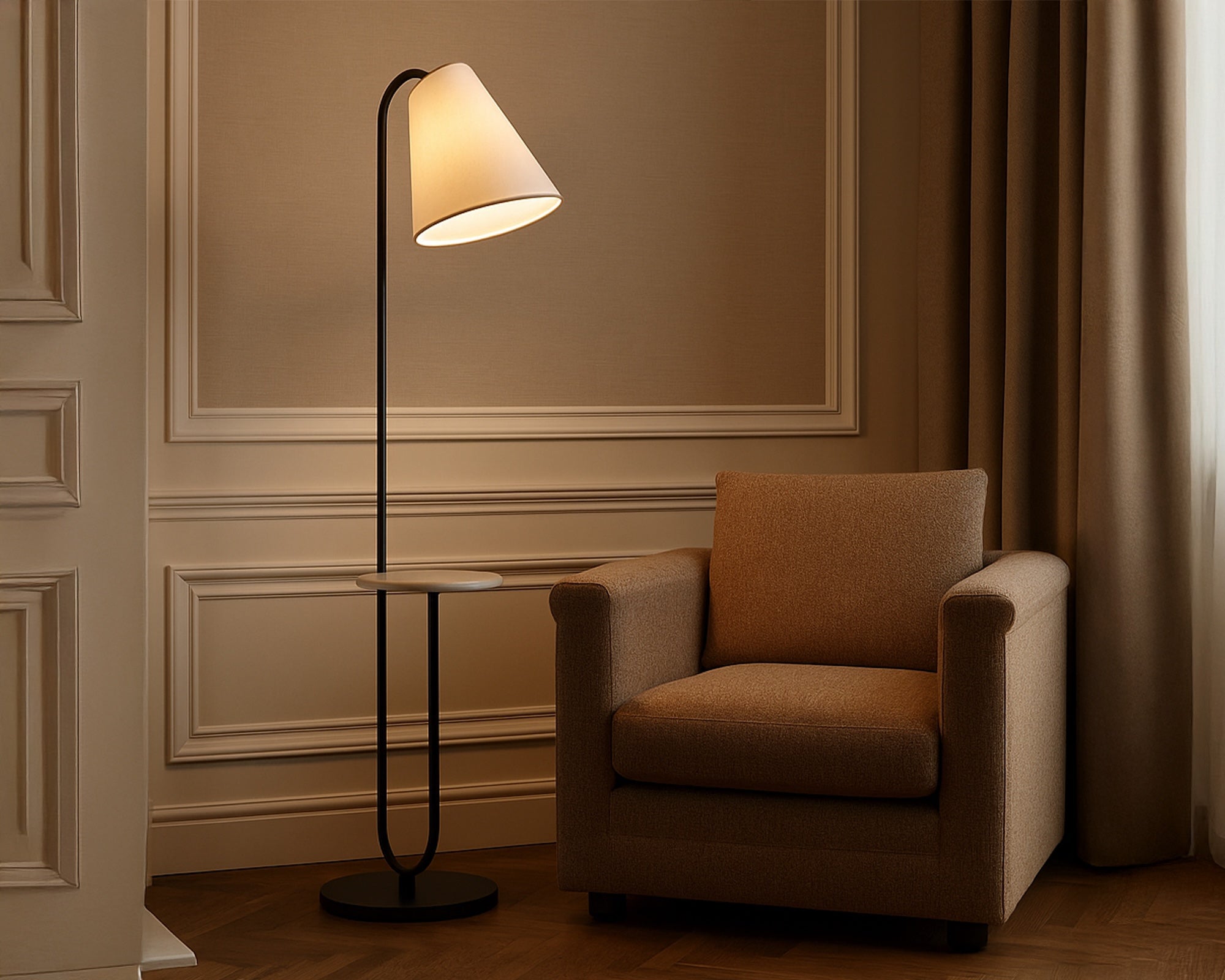 Edgar Floor Lamp by Liang & Eimil featuring a black metal frame, Carrara marble base, and white linen shade