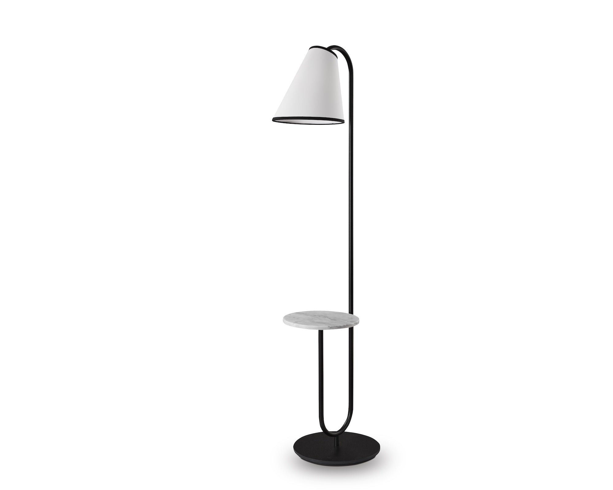 Edgar Floor Lamp by Liang & Eimil featuring a black metal frame, Carrara marble base, and white linen shade