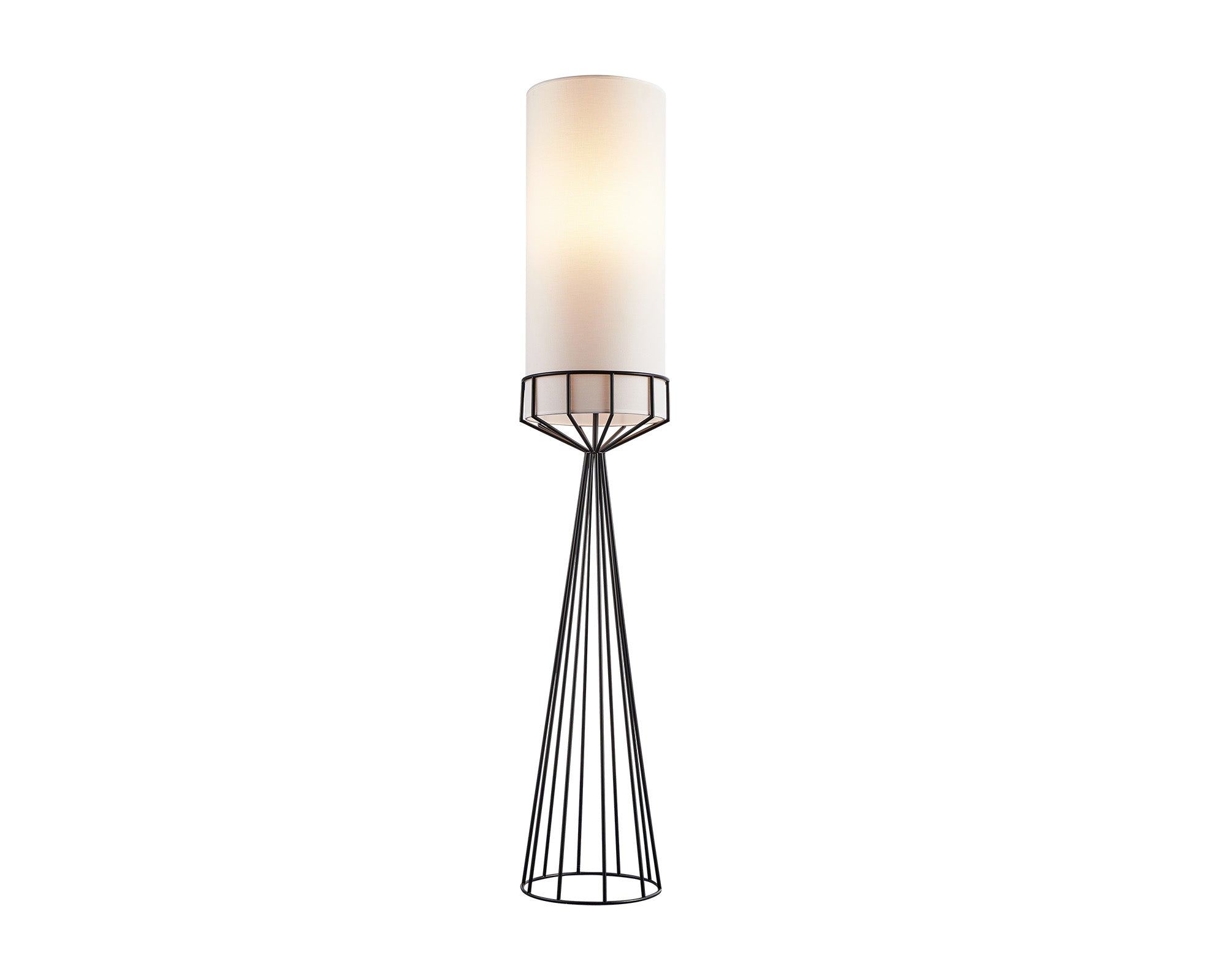 Faro Floor Lamp by Liang & Eimil featuring an abstract matte black metal base and off-white linen shade