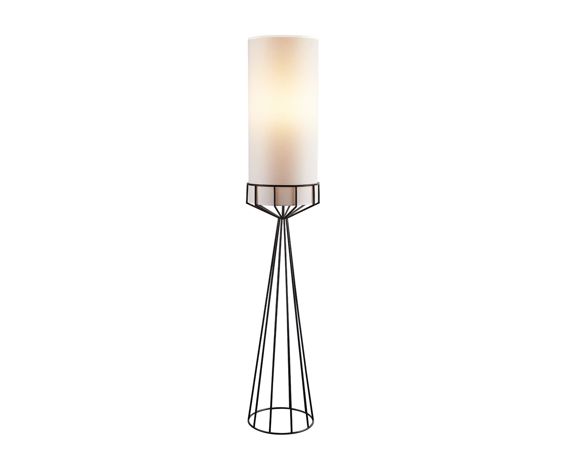 Faro Floor Lamp by Liang & Eimil featuring an abstract matte black metal base and off-white linen shade
