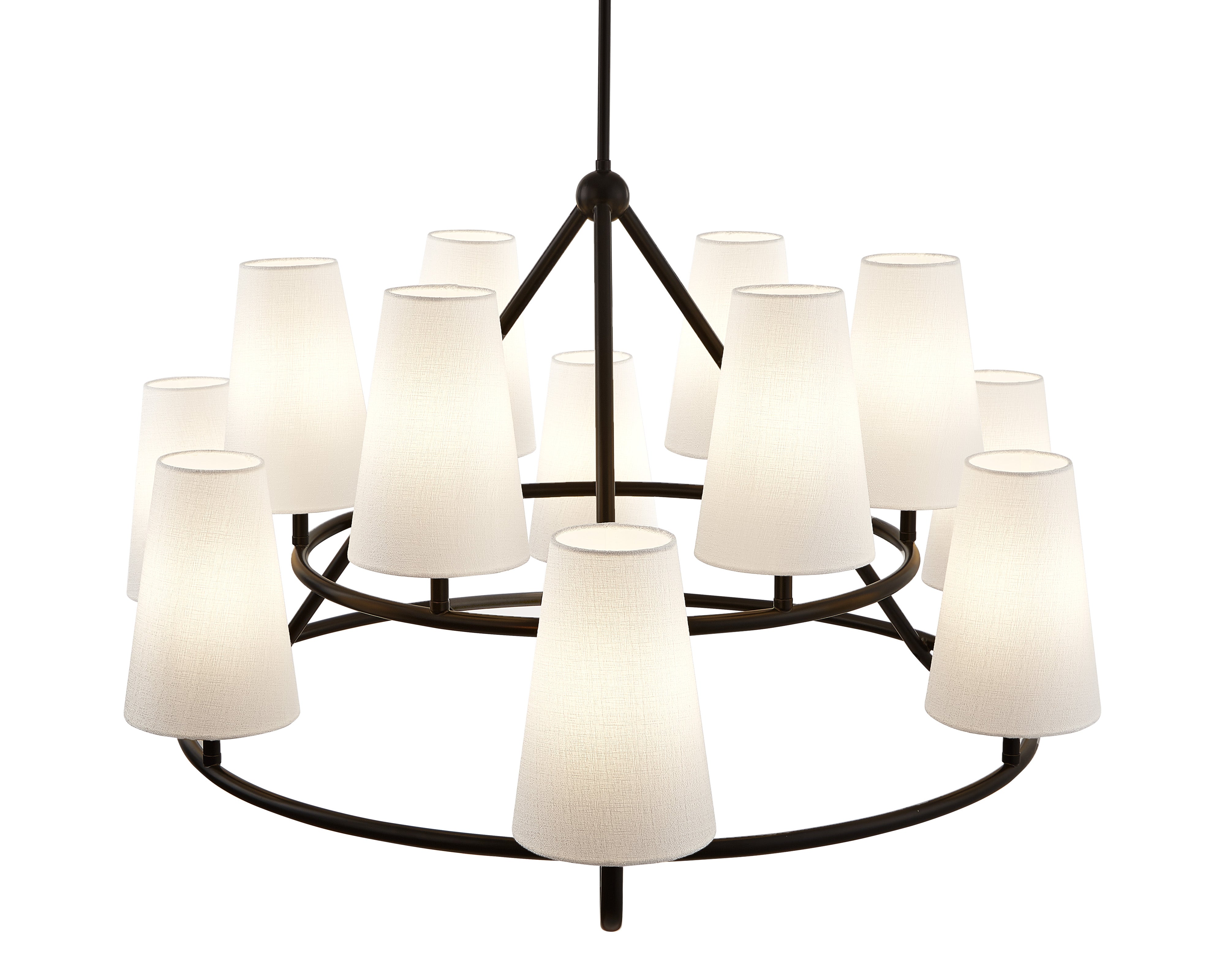 Gildan Chandelier - Liang & Eimil featuring twelve white linen shades on a black iron frame.