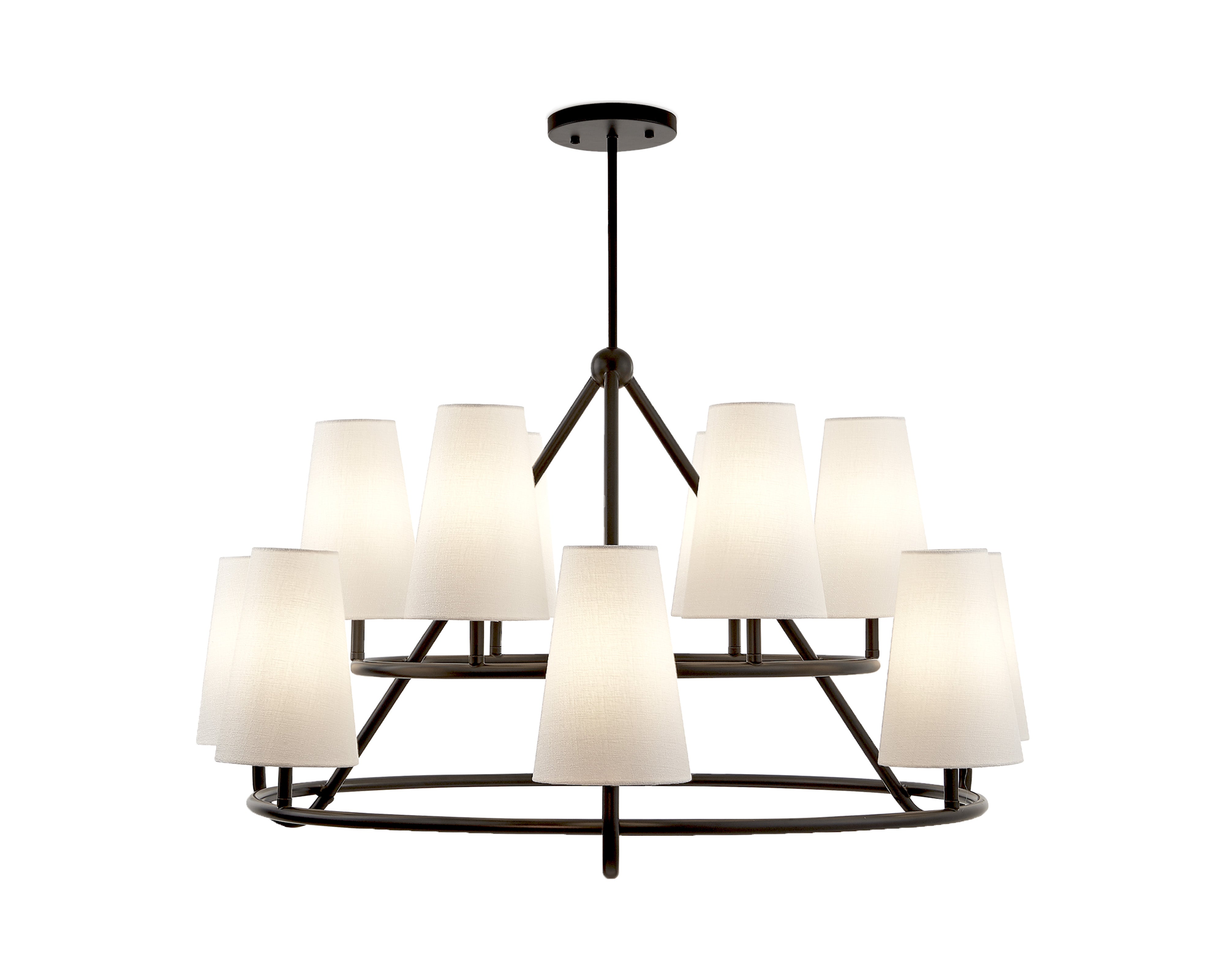 Gildan Chandelier - Liang & Eimil featuring twelve white linen shades on a black iron frame.