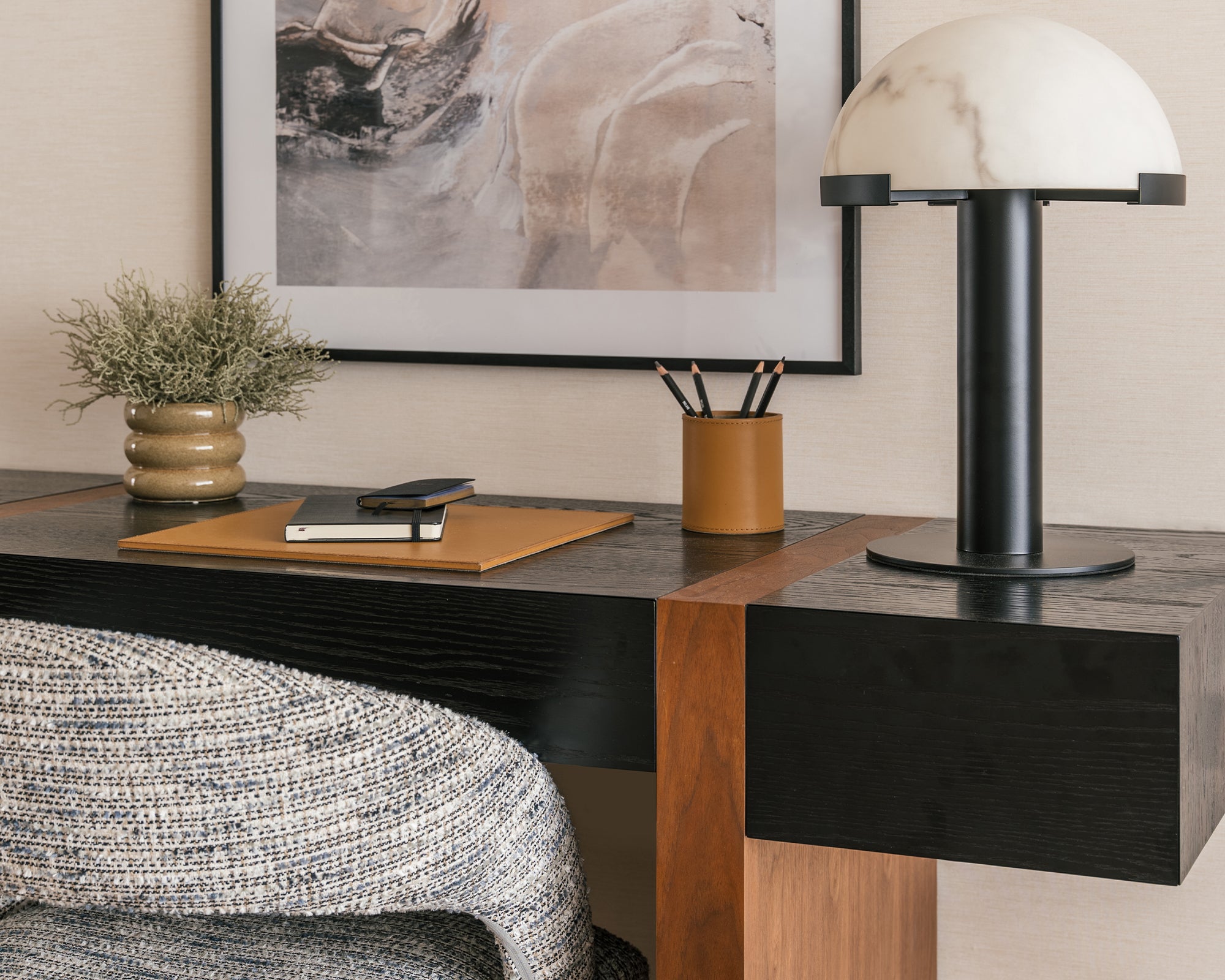 Holmes Table Lamp by Liang & Eimil featuring a matte black domed shade and faux white marble base