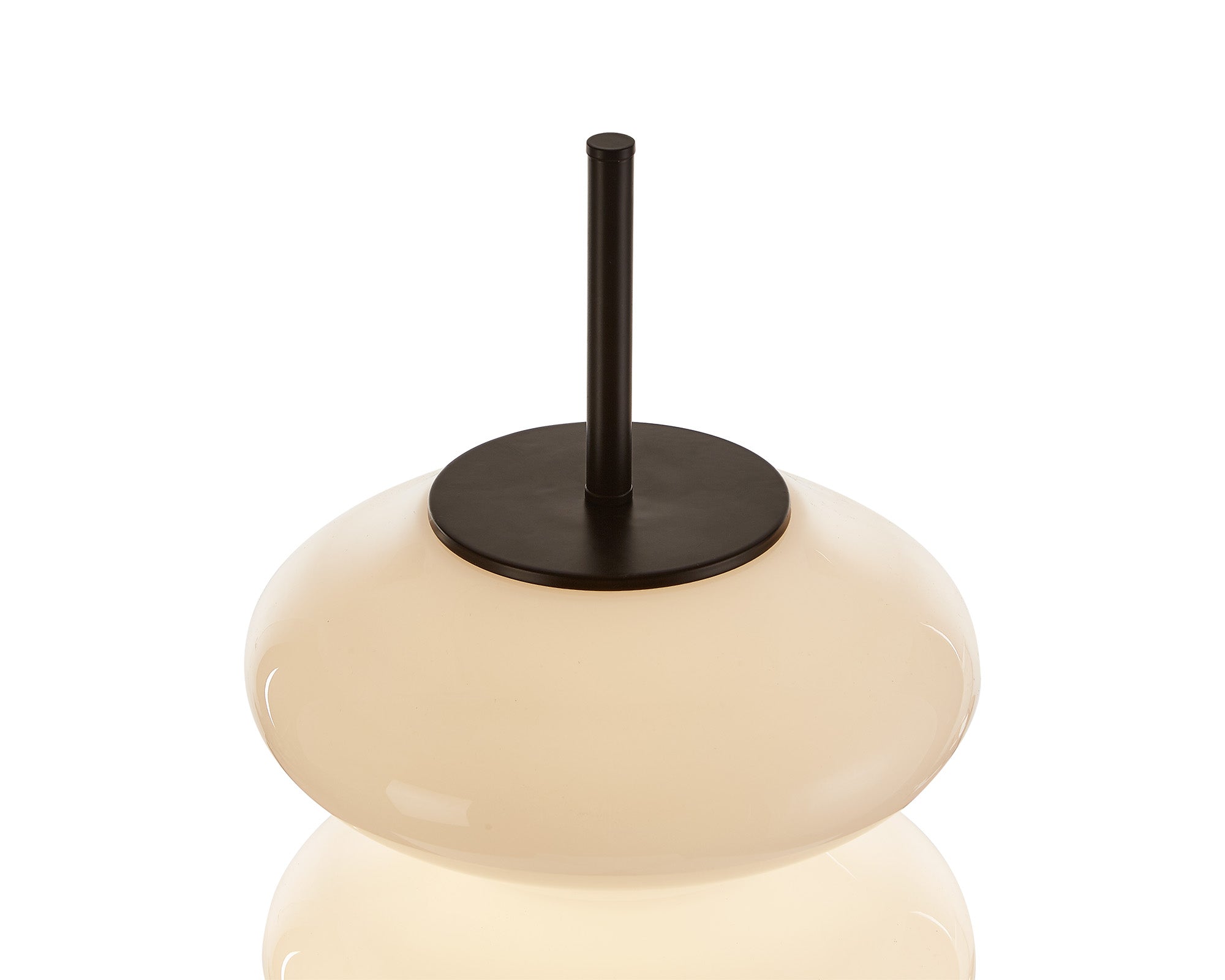 Jana Floor Lamp by Liang & Eimil featuring stacked white glass discs on a black iron frame with integrated LED lighting