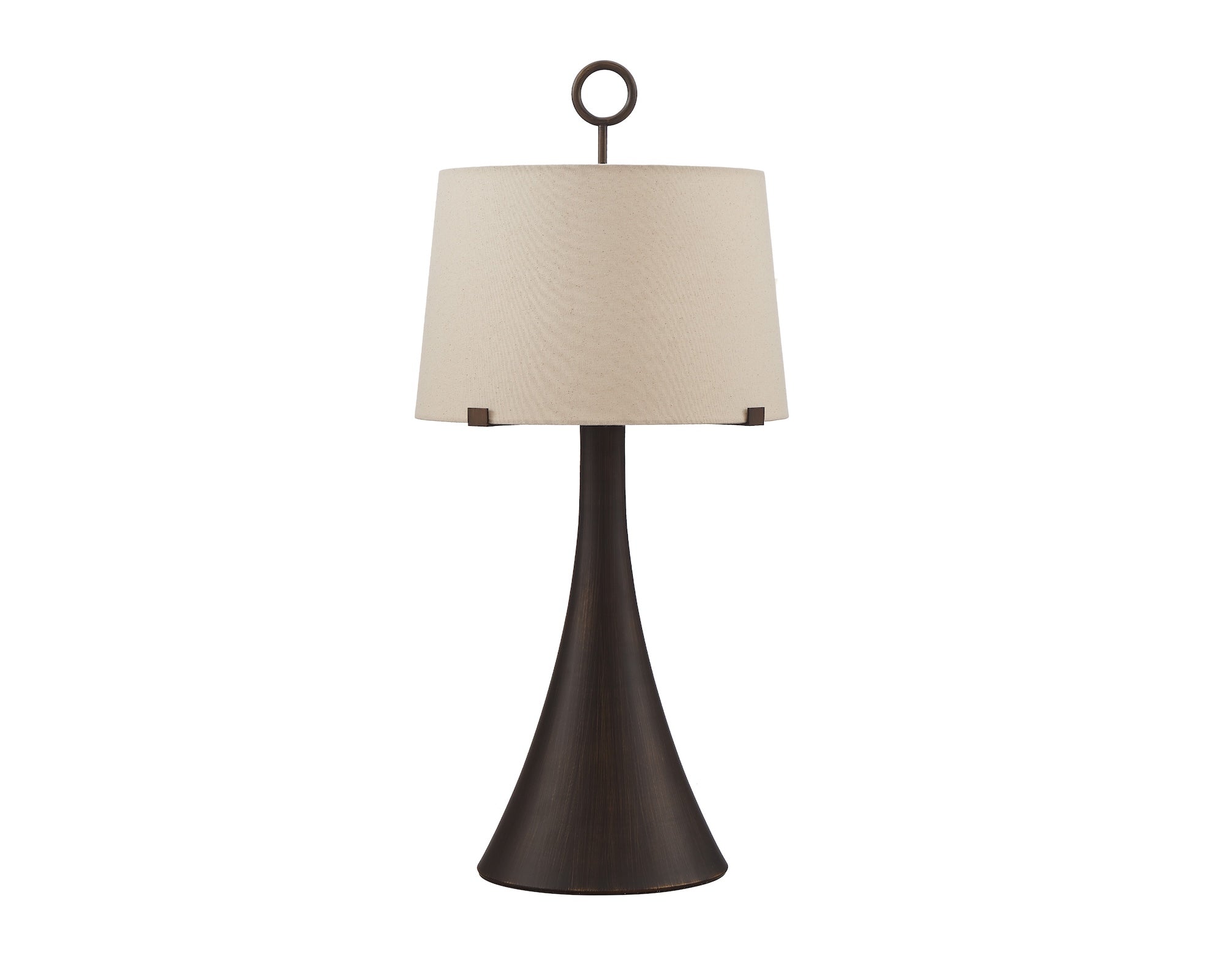 Leila Table Lamp by Liang & Eimil featuring an antique hairline bronze base and off-white linen shade