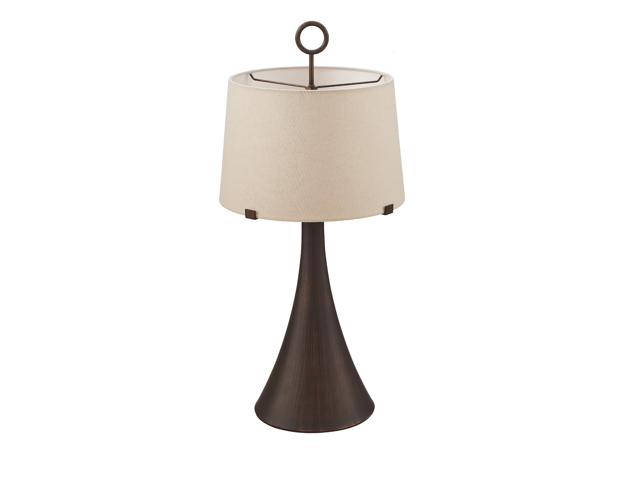 Leila Table Lamp by Liang & Eimil featuring an antique hairline bronze base and off-white linen shade