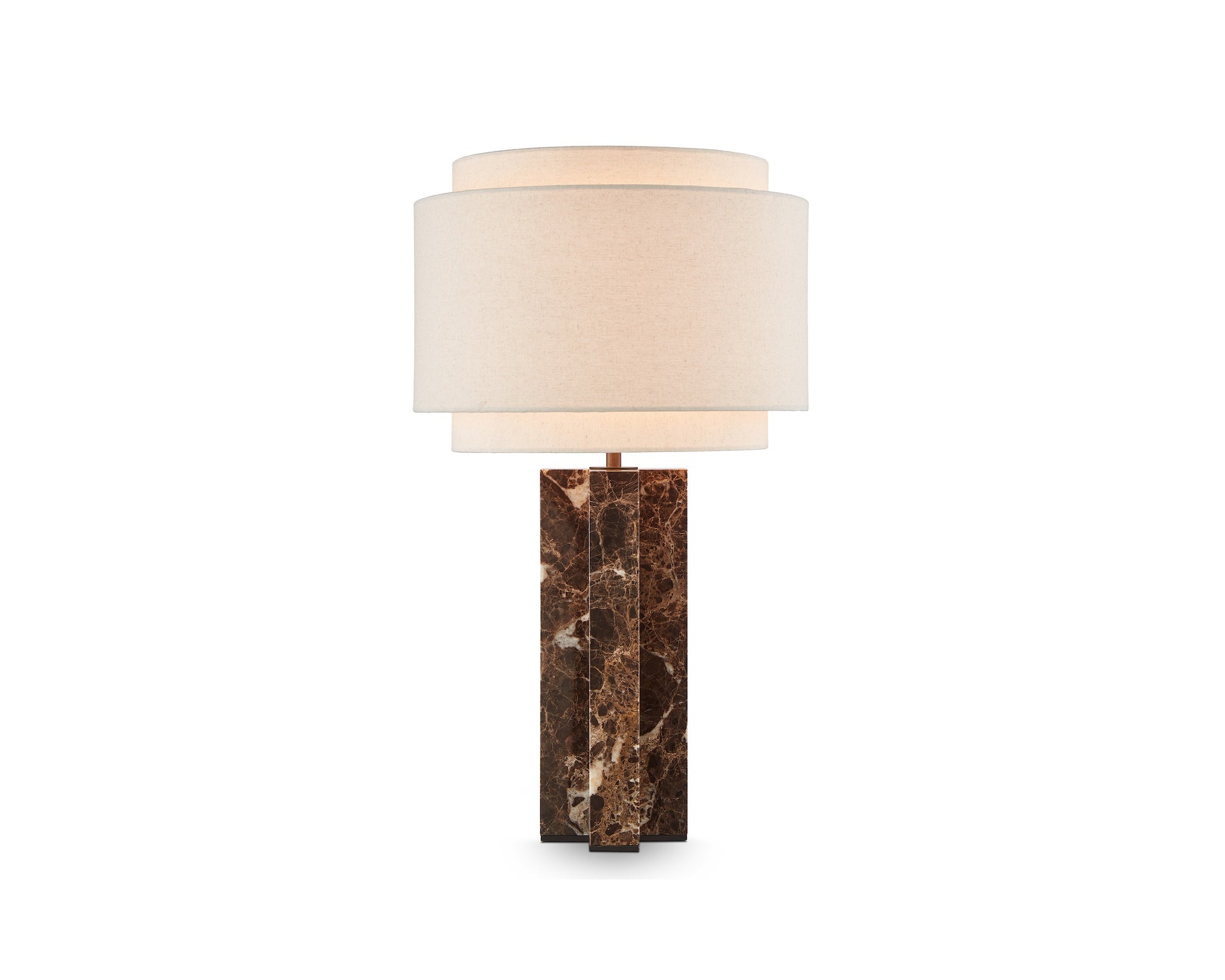 Asos Table Lamp by Liang & Eimil featuring an Emperador marble base, antique bronze detailing, and a layered beige linen shade