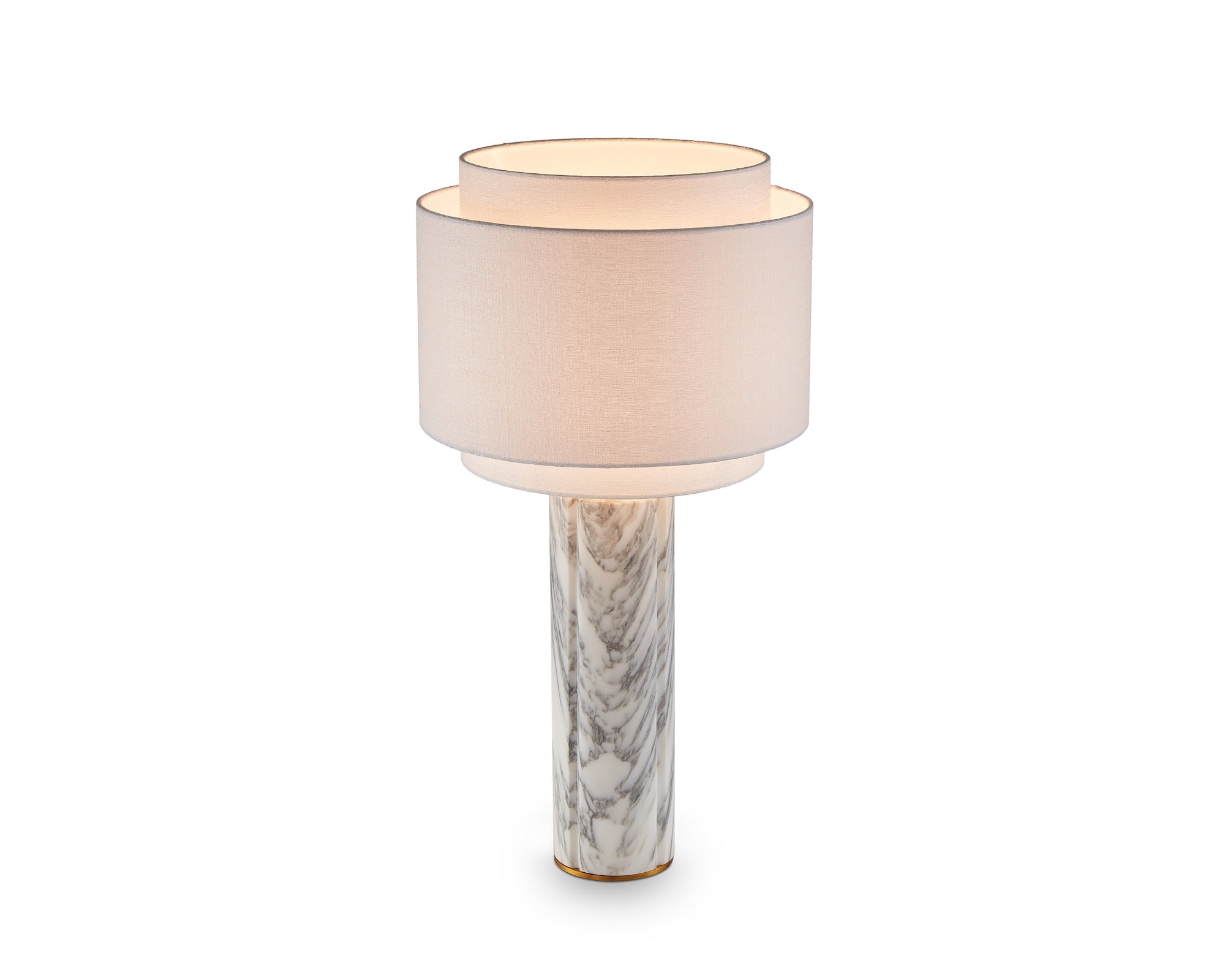Aulis Table Lamp by Liang & Eimil featuring a cylindrical marble base with antique brass accents and a layered linen shade