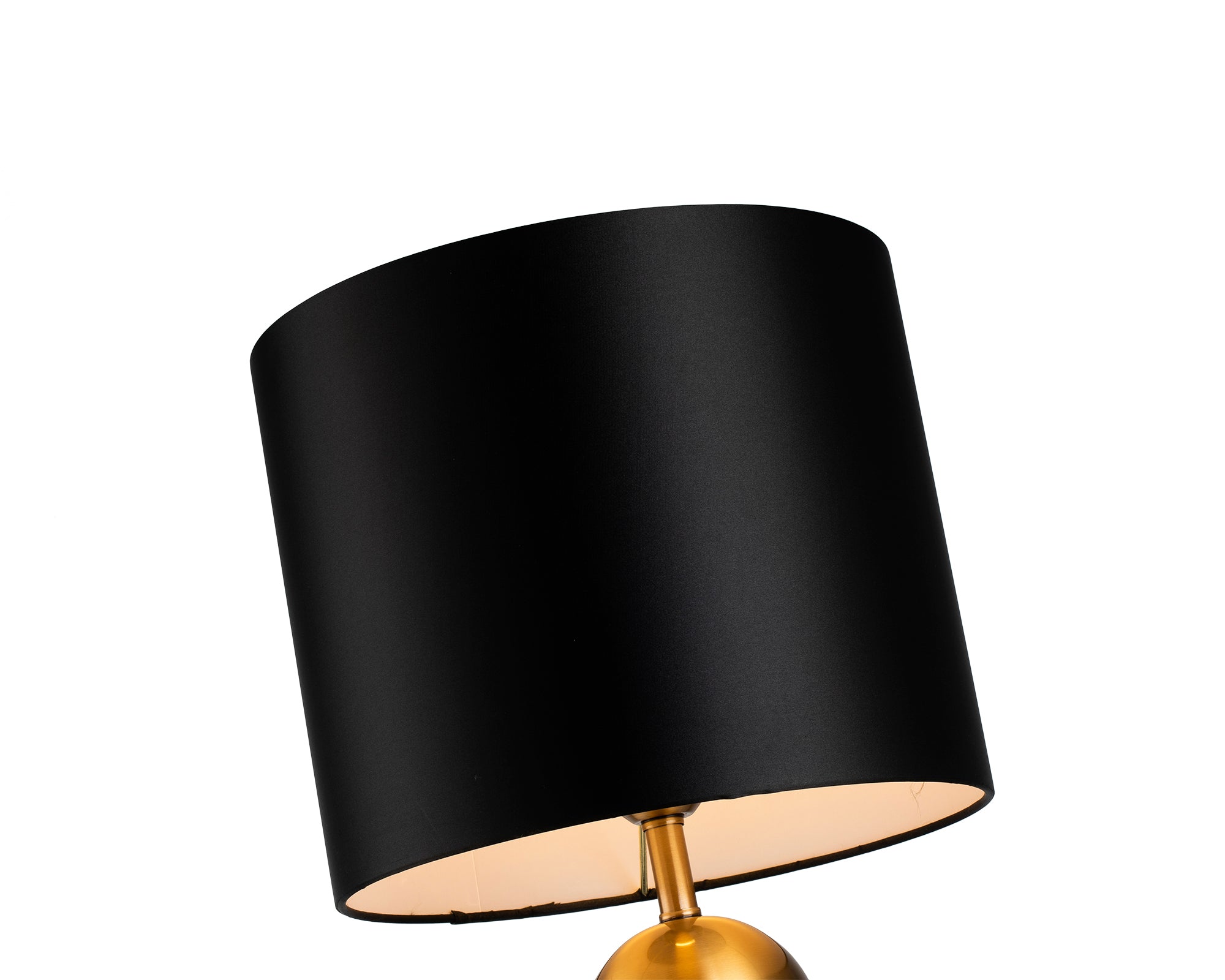 Corina Table Lamp by Liang & Eimil featuring a travertine marble cylindrical base with antique brass detailing and a beige linen shade
