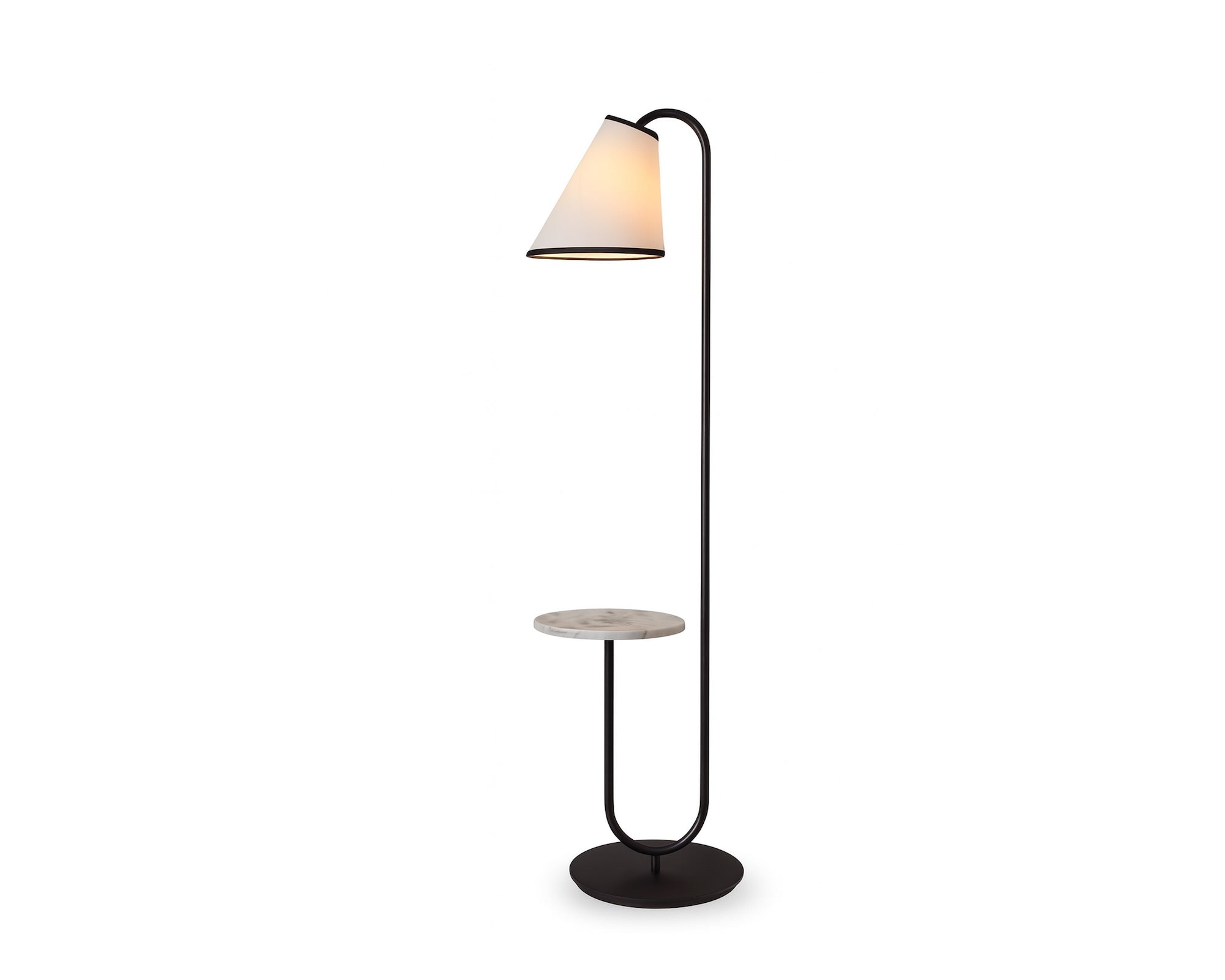 Edgar Floor Lamp by Liang & Eimil featuring a black metal frame, Carrara marble base, and white linen shade
