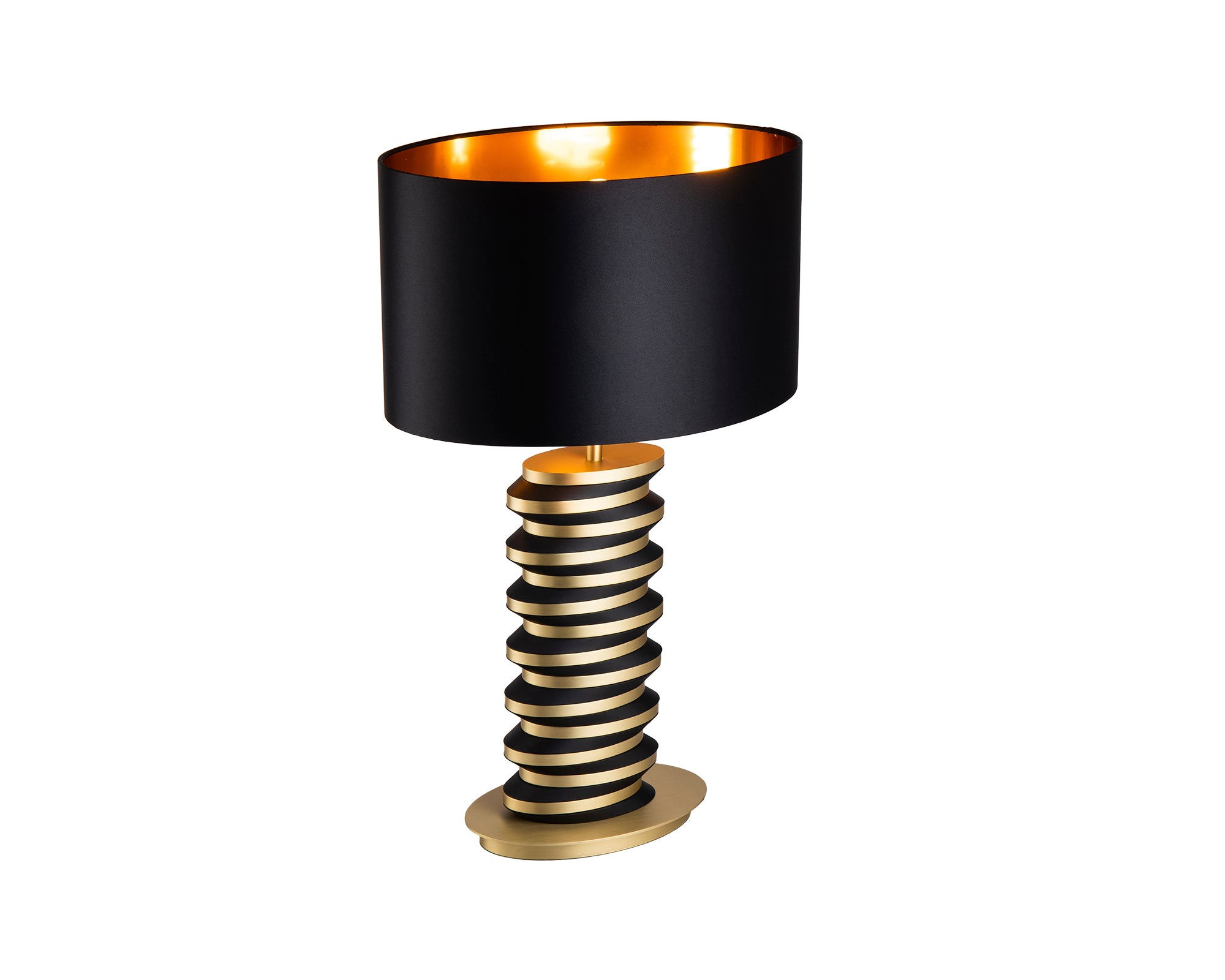 Jacquard Table Lamp by Liang & Eimil featuring a brushed brass stacked disc base with matte black accents and a black fabric shade