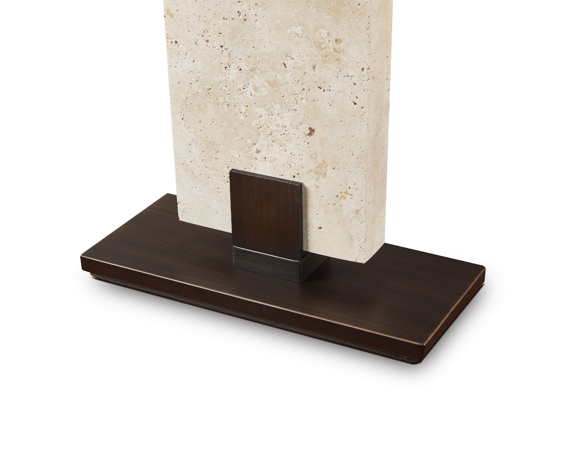 Madison Table Lamp by Liang & Eimil featuring an open pore travertine base and off-white linen shade