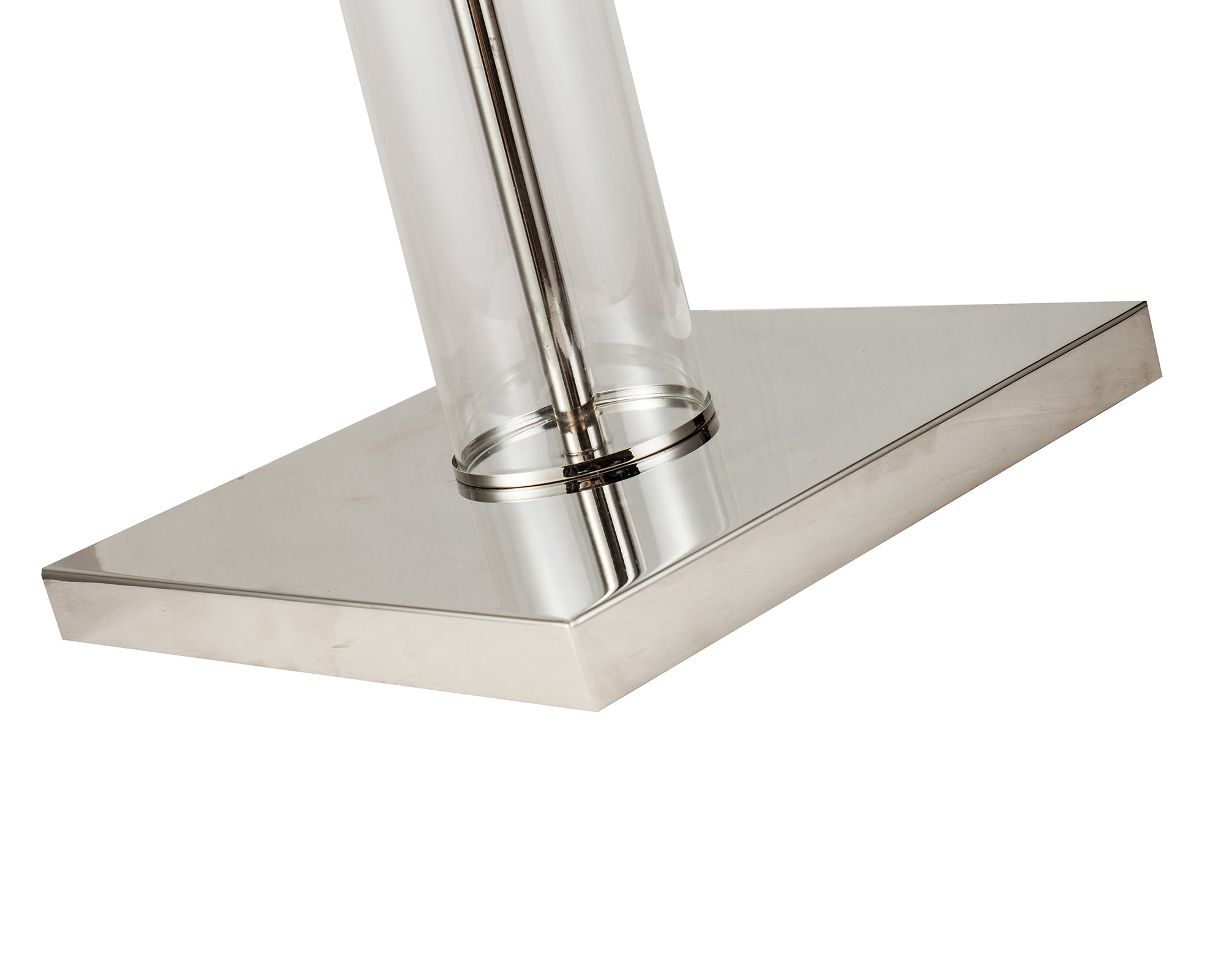 Norman Floor Lamp by Liang & Eimil featuring a clear glass base, nickel detailing, and white fabric shade
