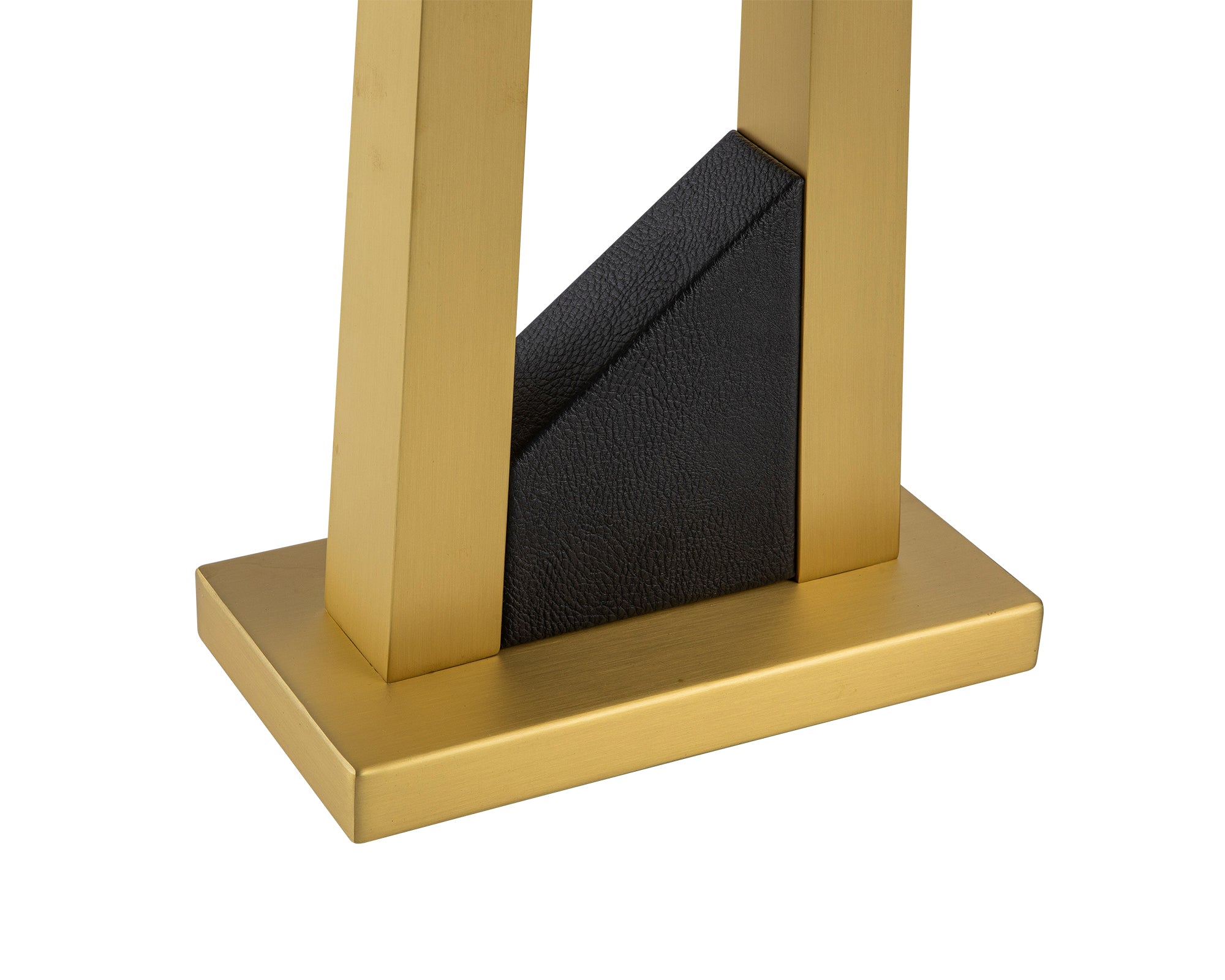 Pharo Table Lamp by Liang & Eimil featuring a brushed brass frame, black leather accents, and a black fabric shade with gold interior