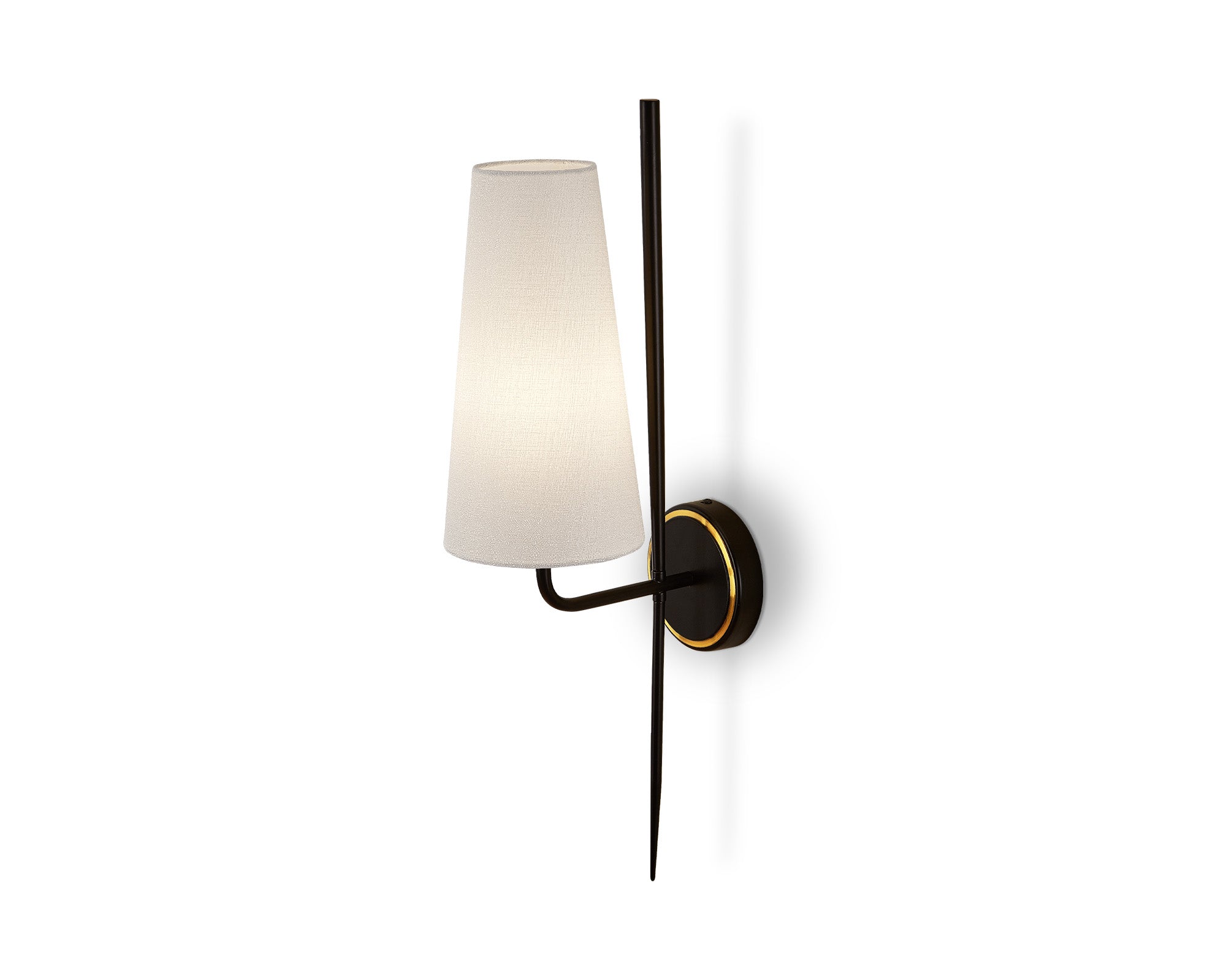 Serpa Wall Light by Liang & Eimil with white linen shade, black iron frame, and brushed brass accents