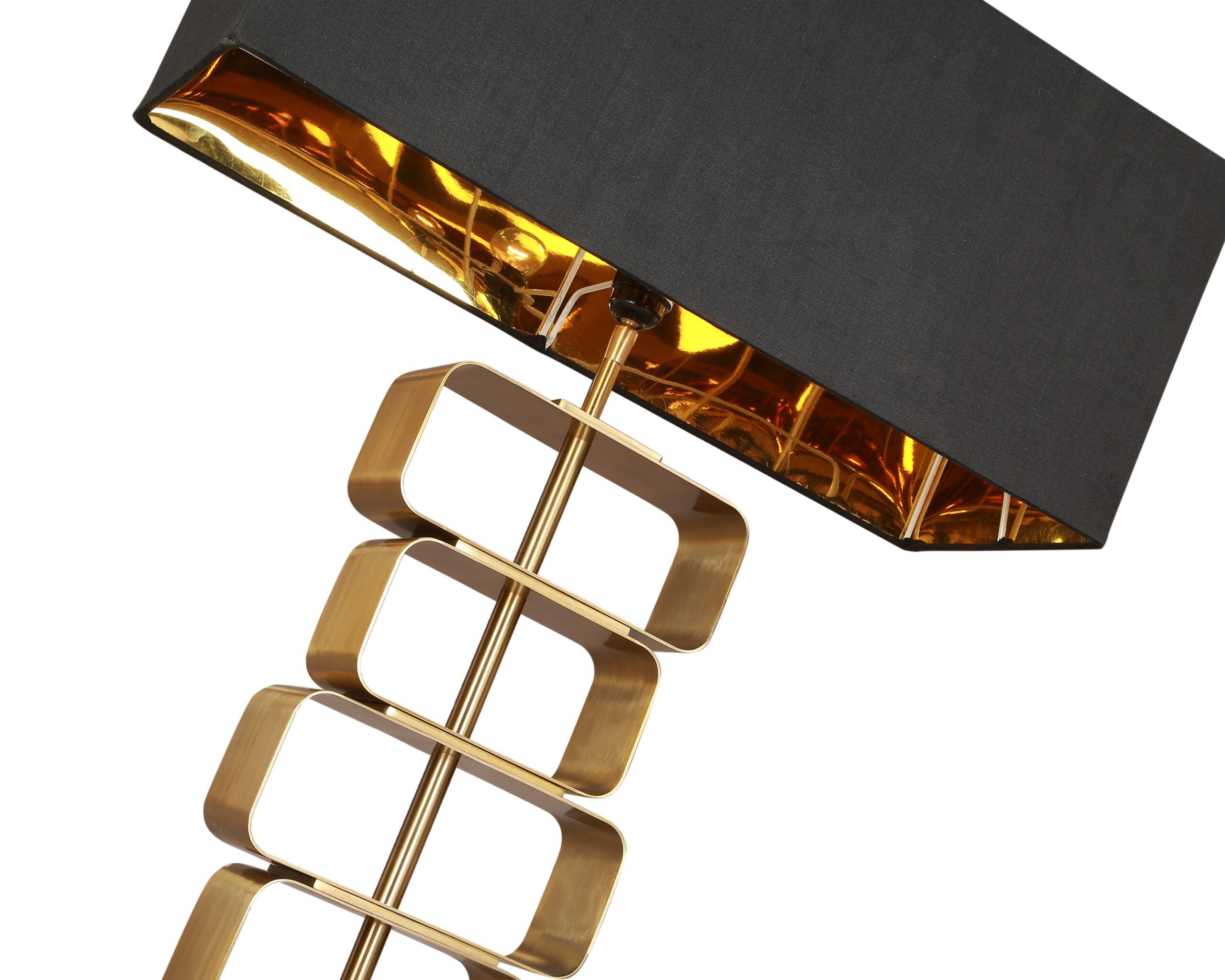 Trento Table Lamp by Liang & Eimil featuring a brushed brass stacked rectangle frame and black fabric shade with gold lining