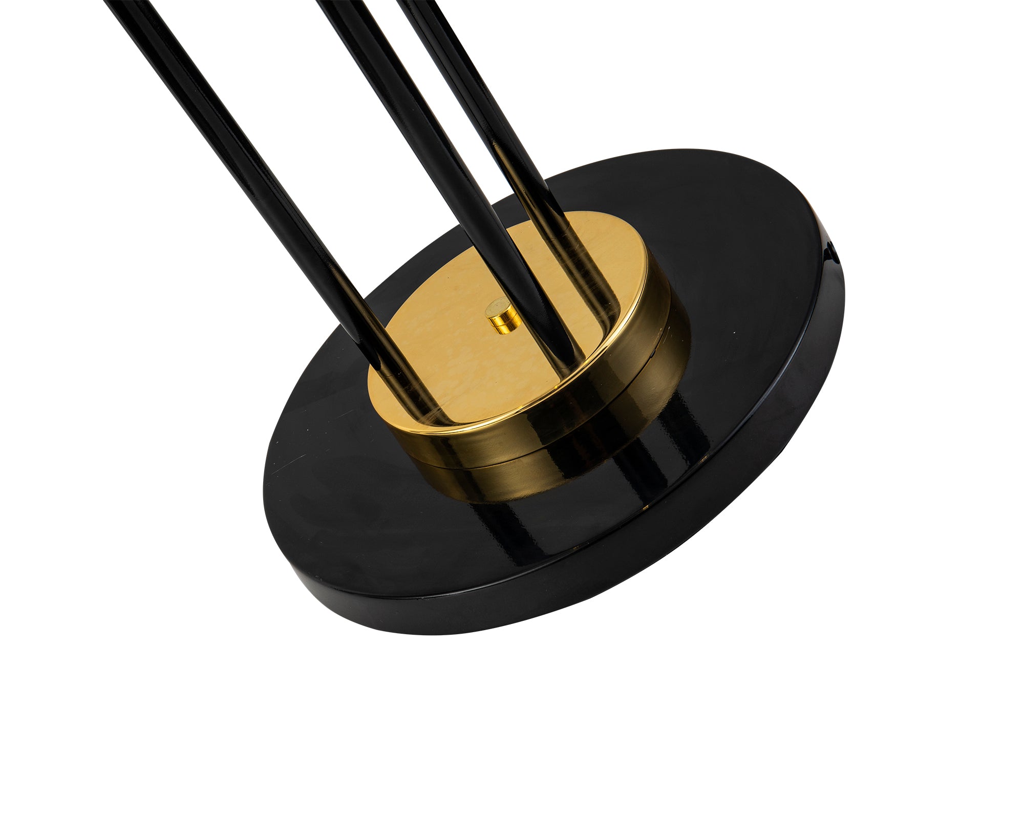 Trevecca Floor Lamp by Liang & Eimil featuring a gloss black frame with polished brass accents and three light fixtures