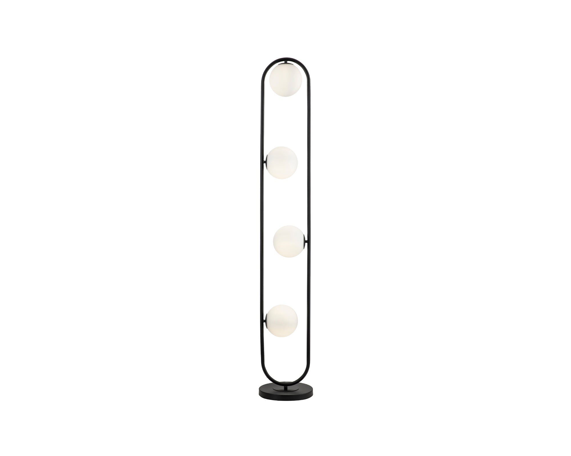 Luca Black Floor Lamp by Liang & Eimil featuring four opal white glass spheres on a matte black metal frame