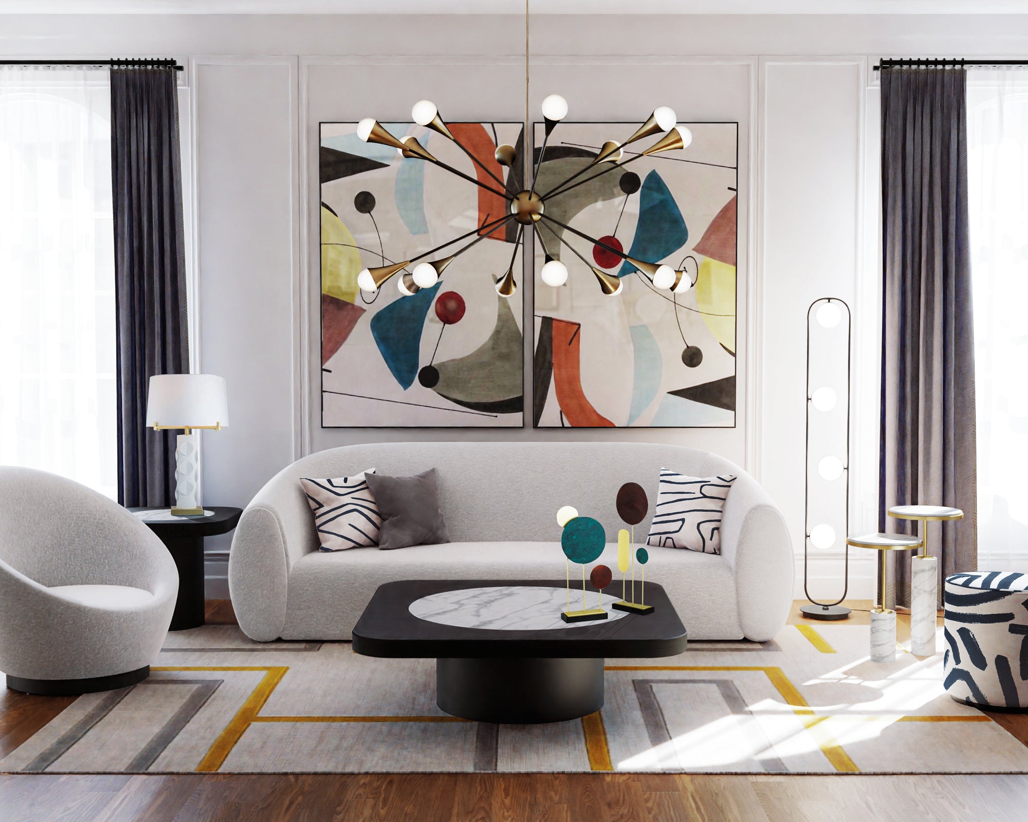 Luca Black Floor Lamp by Liang & Eimil featuring four opal white glass spheres on a matte black metal frame