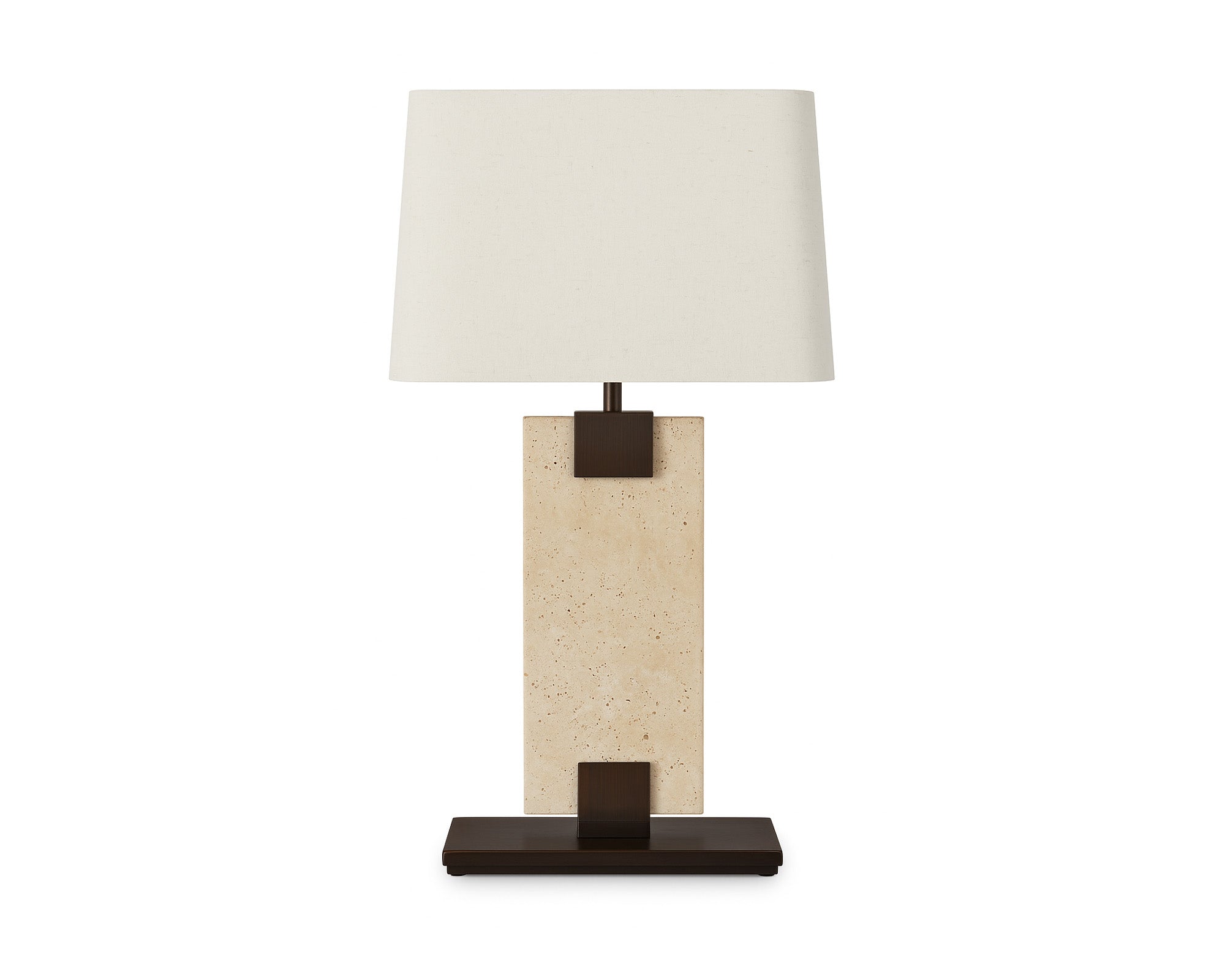 Madison Table Lamp by Liang & Eimil featuring an open pore travertine base and off-white linen shade
