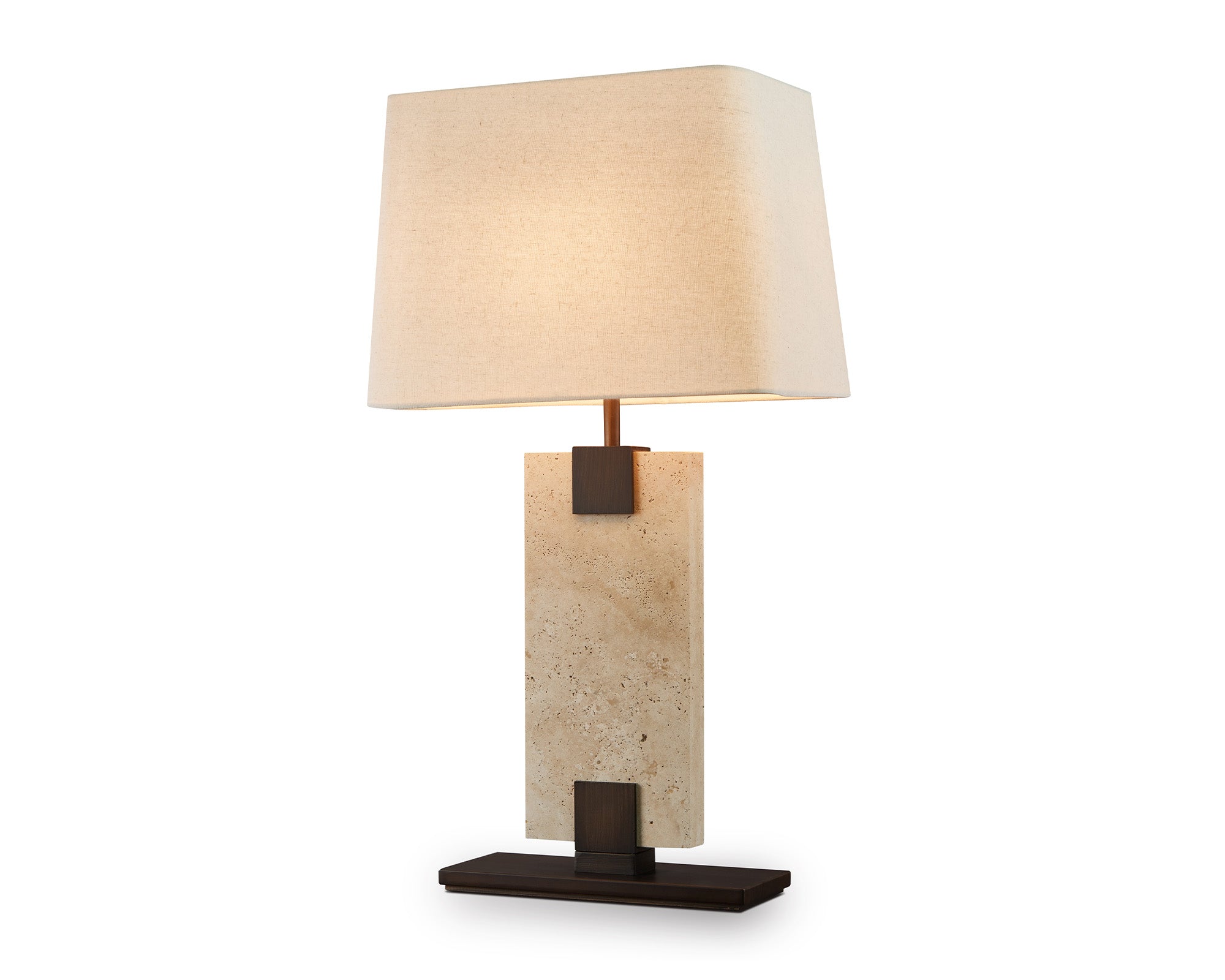 Madison Table Lamp by Liang & Eimil featuring an open pore travertine base and off-white linen shade