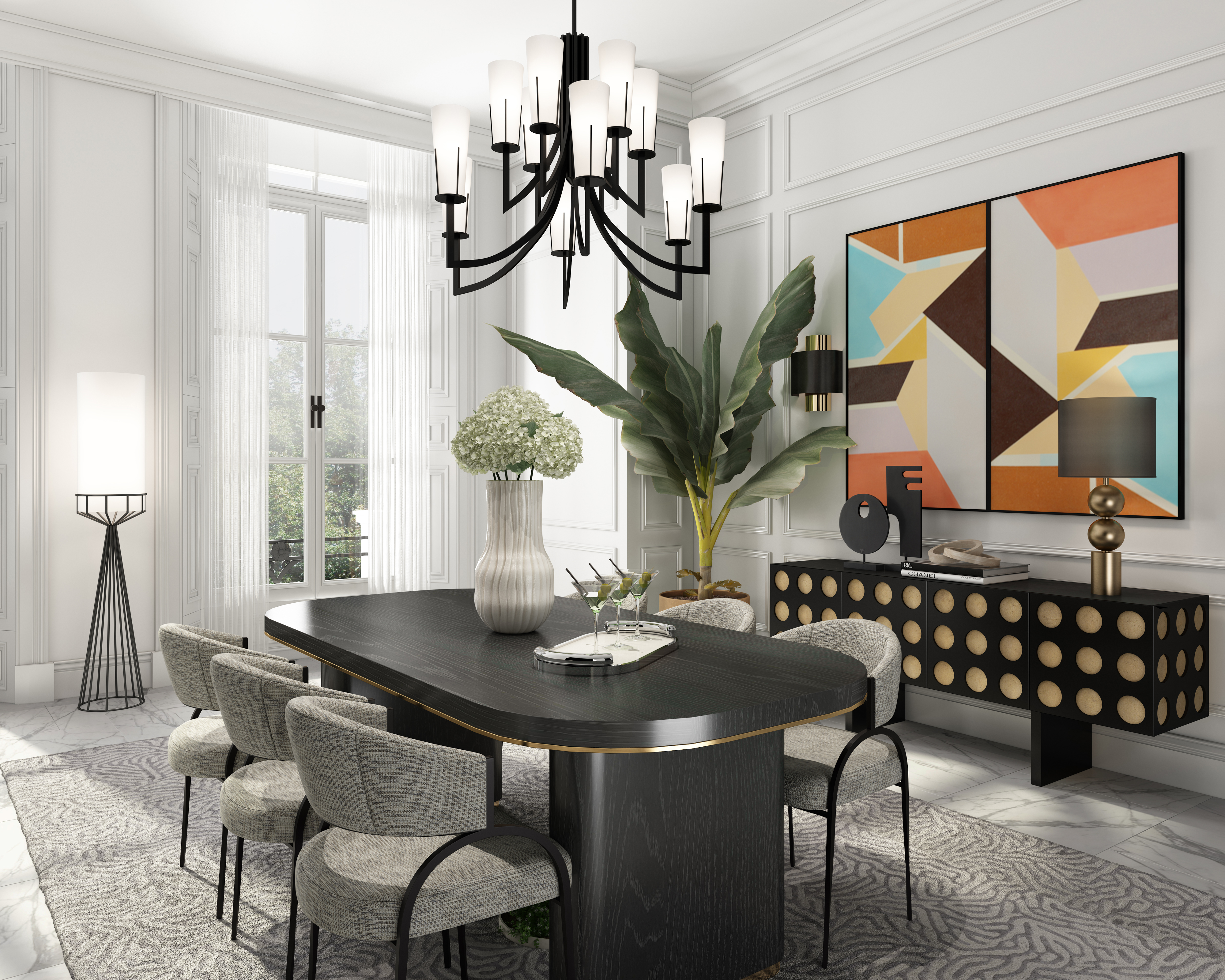 Magestic Chandelier - Liang & Eimil featuring twelve white glass shades with a matt black frame.