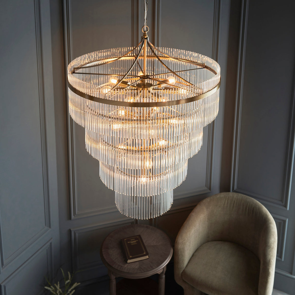 Detailed view showcasing the height-adjustable chain and clear suspension cable