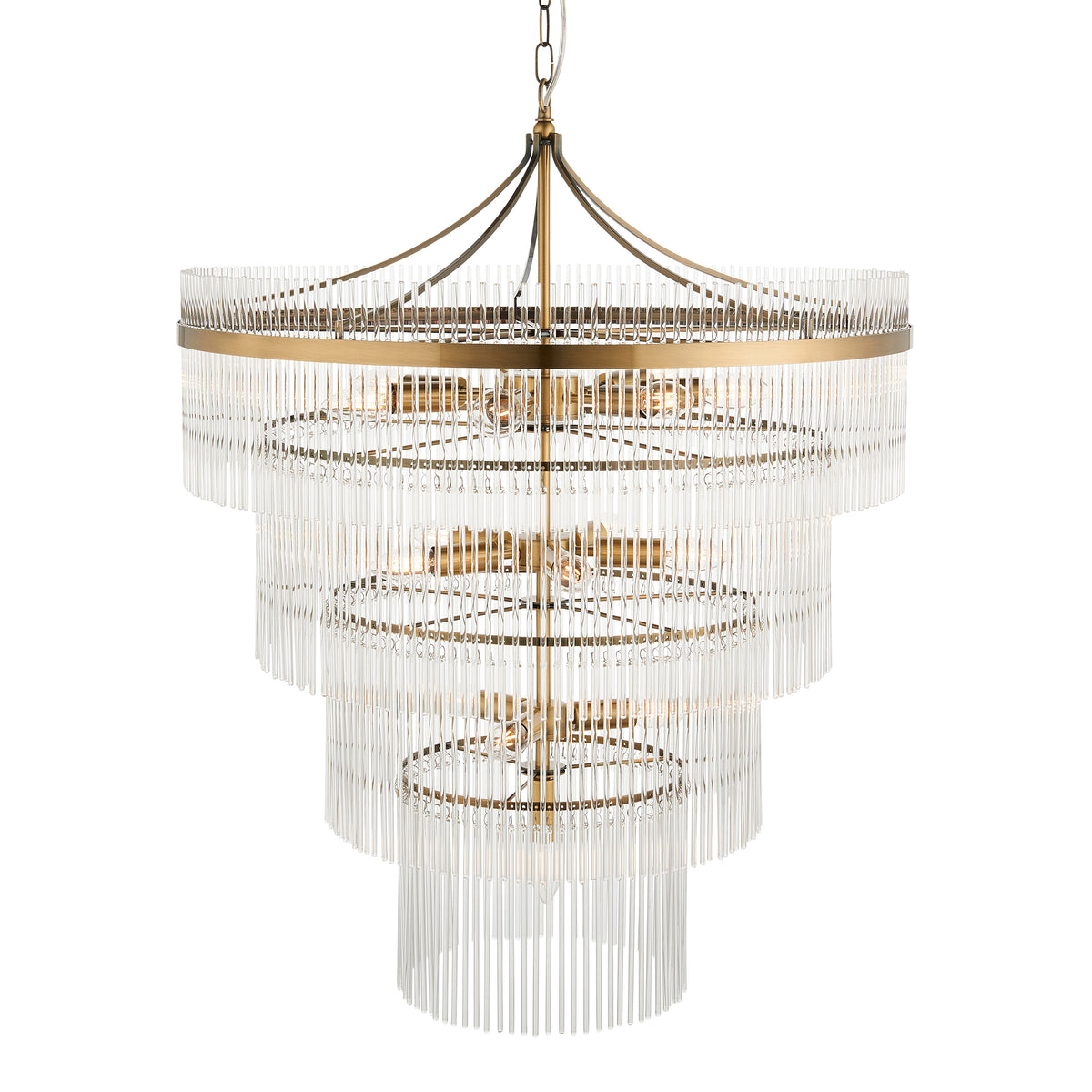 Marietta 16Lt Pendant showcasing its elegant tiered silhouette, antique brass finish and decorative clear glass rods