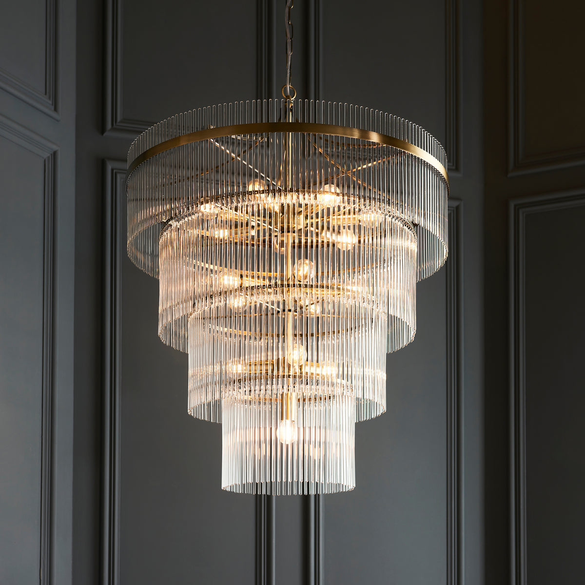 Marietta 16Lt Pendant creating a dramatic statement within a sophisticated luxury stairwell