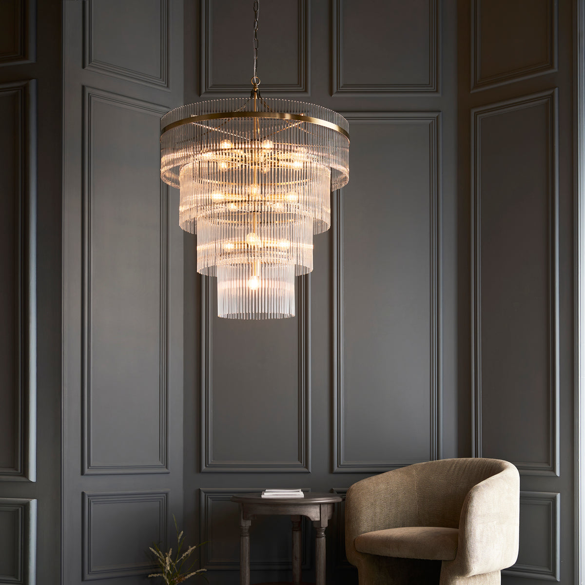 Side perspective showcasing the graceful cascading arrangement of the 16 light tiers
