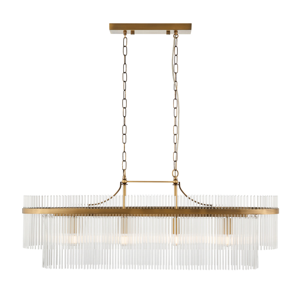 Marietta 4Lt Linear Pendant showcasing its elegant antique brass finish and decorative clear glass rods