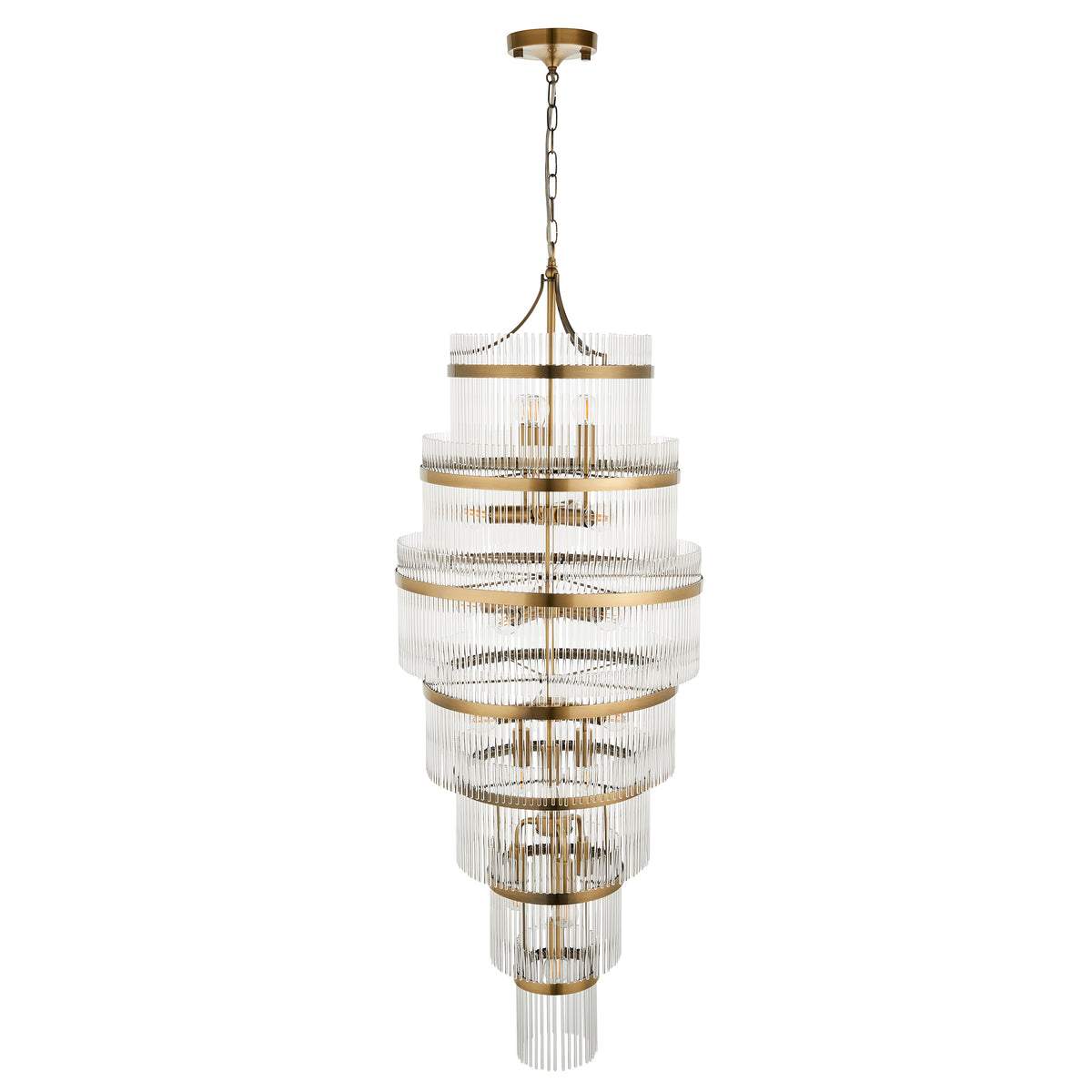 Side perspective highlighting the elegant cascading tiers of glass and metalwork