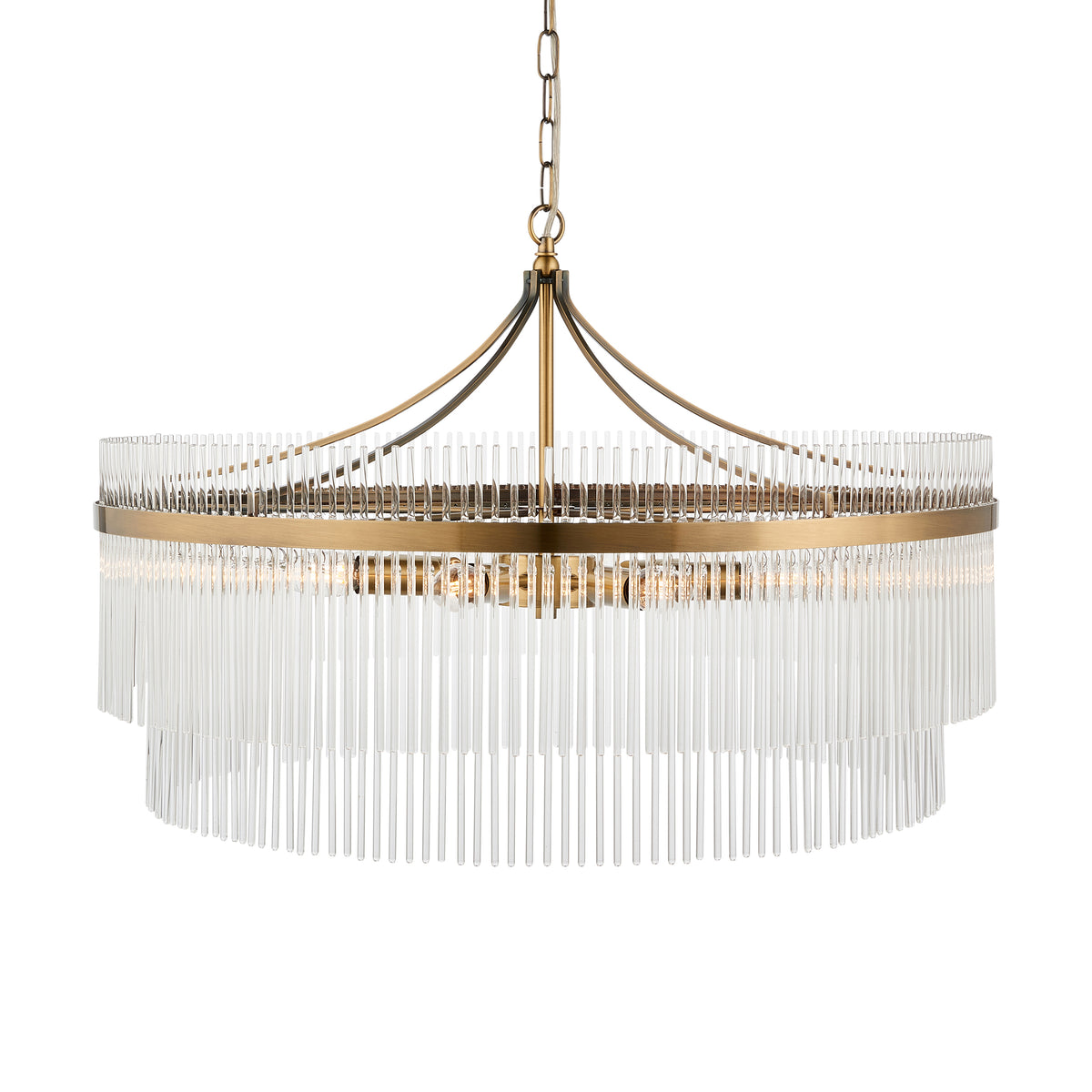 Marietta Grand 7Lt Pendant showcasing its elegant antique brass finish and decorative clear glass rods