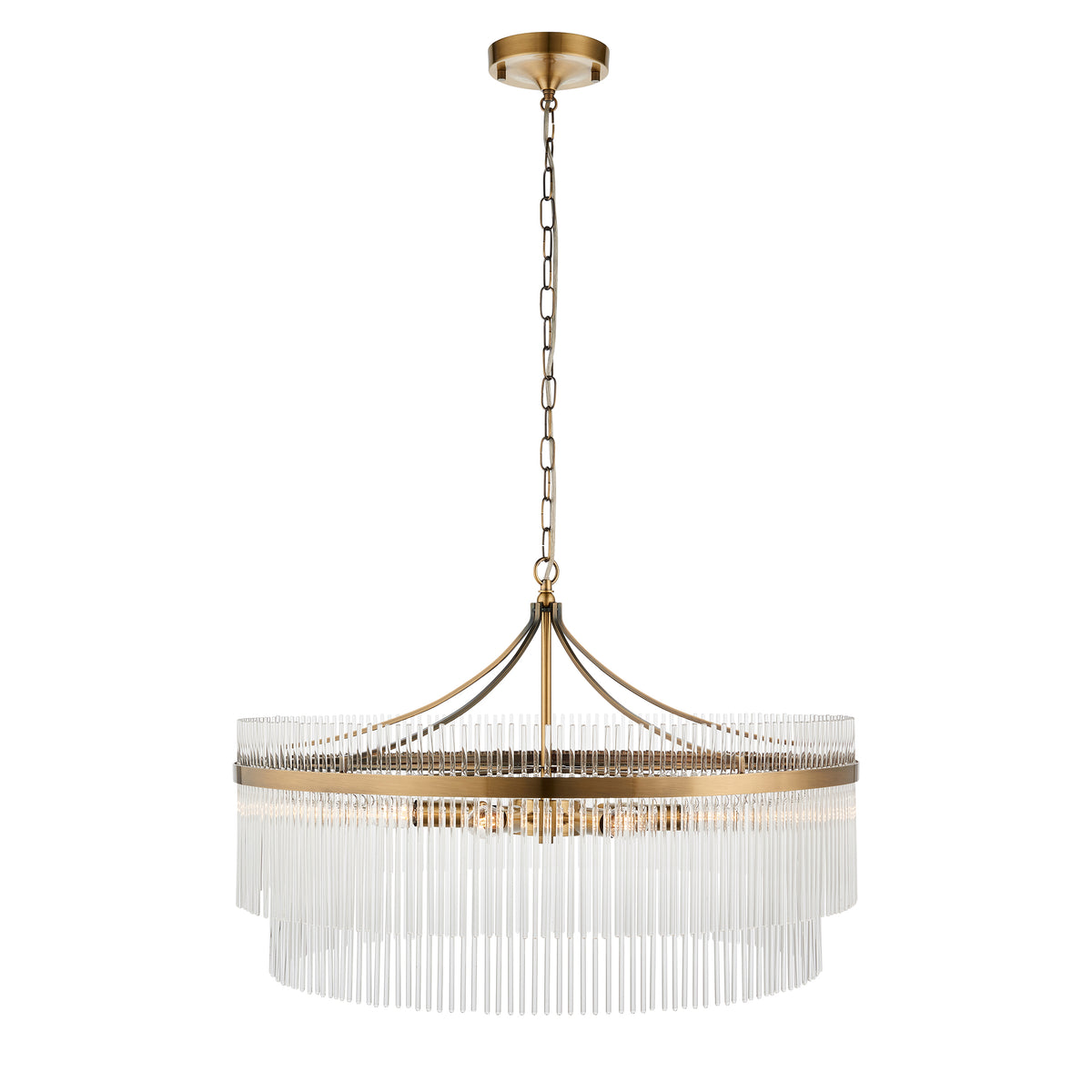 Side profile revealing the pendant's generous proportions and timeless chandelier silhouette