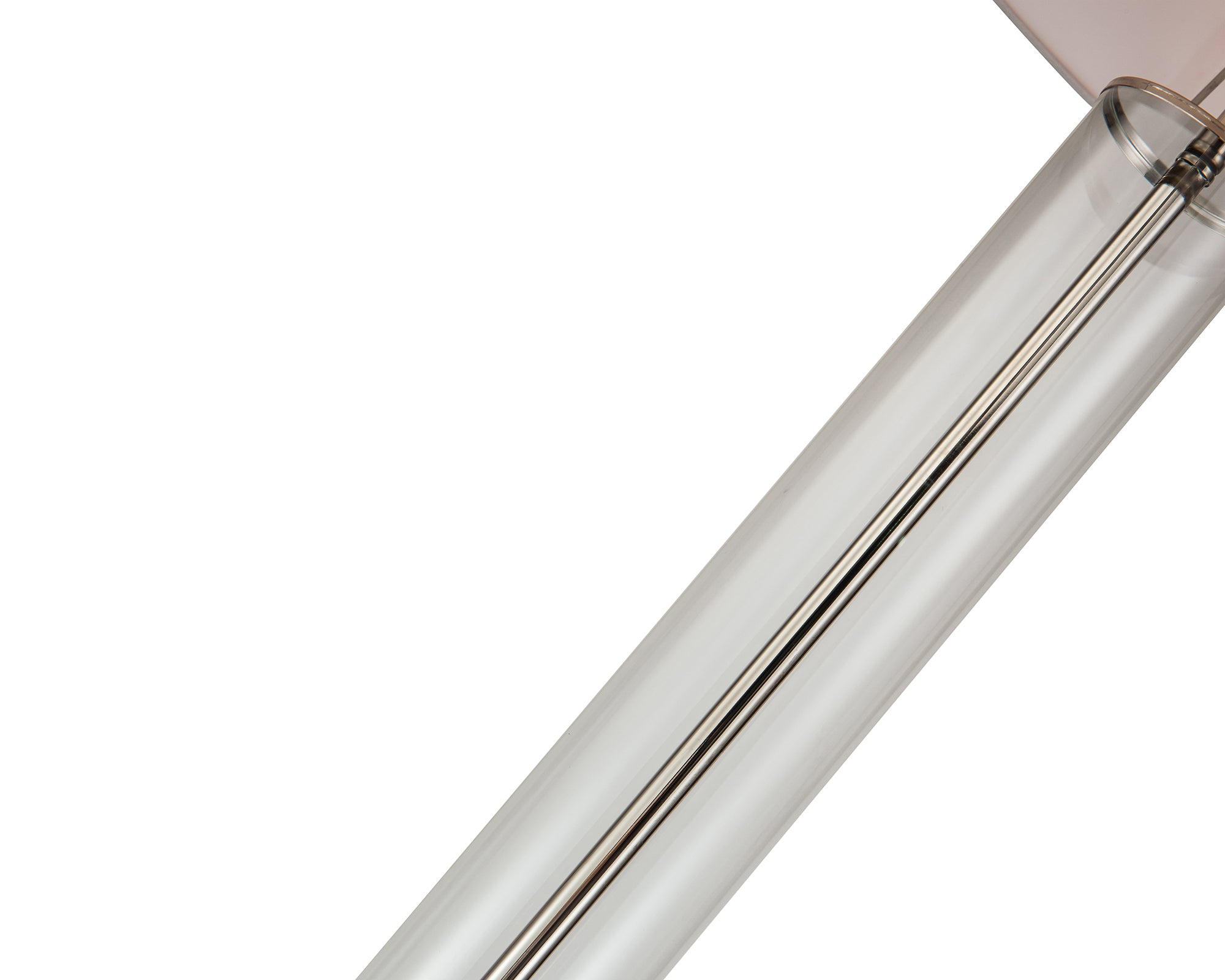 Norman Floor Lamp by Liang & Eimil featuring a clear glass base, nickel detailing, and white fabric shade