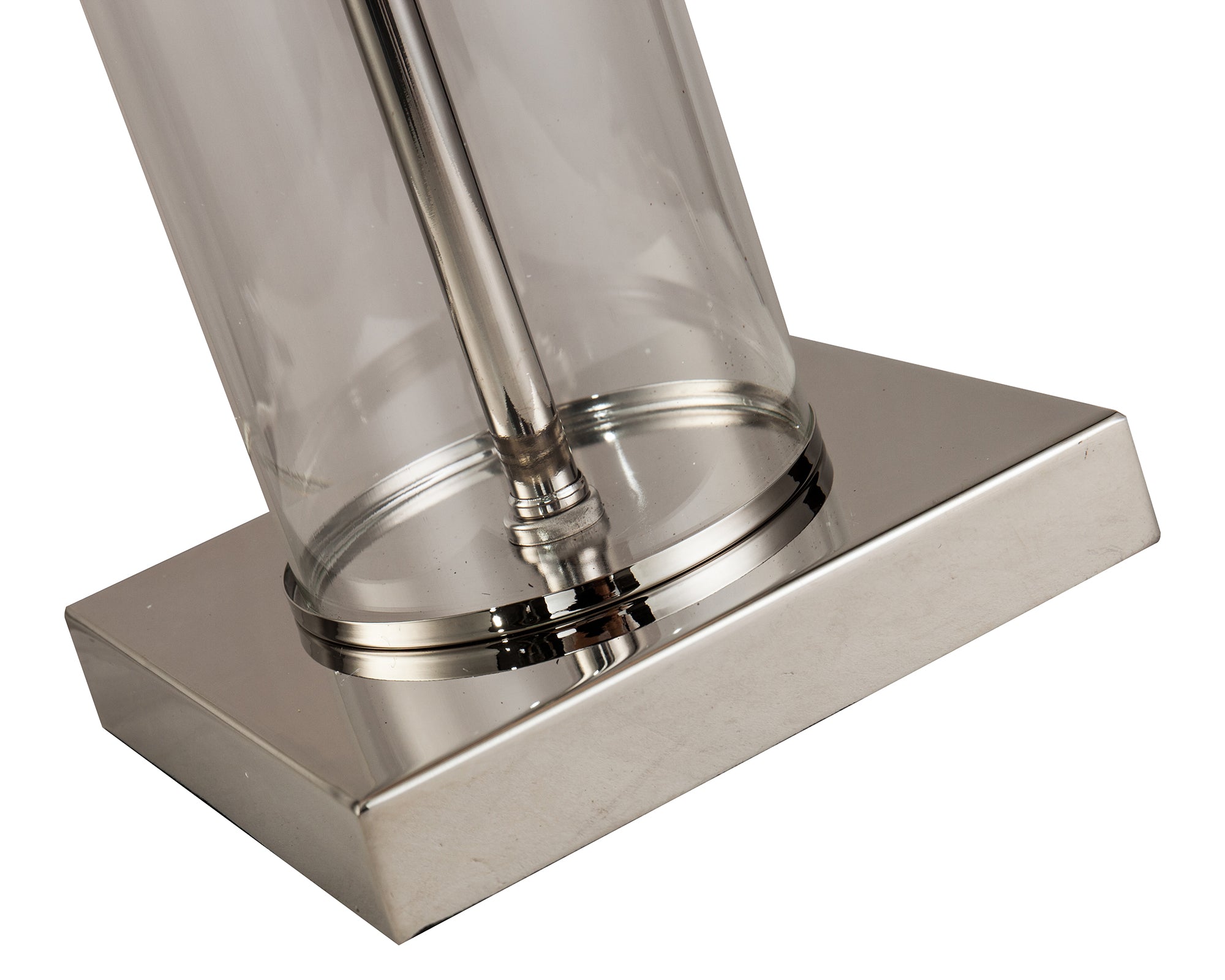 Norman Table Lamp by Liang & Eimil featuring a clear glass cylindrical base with a polished nickel finish and white fabric shade