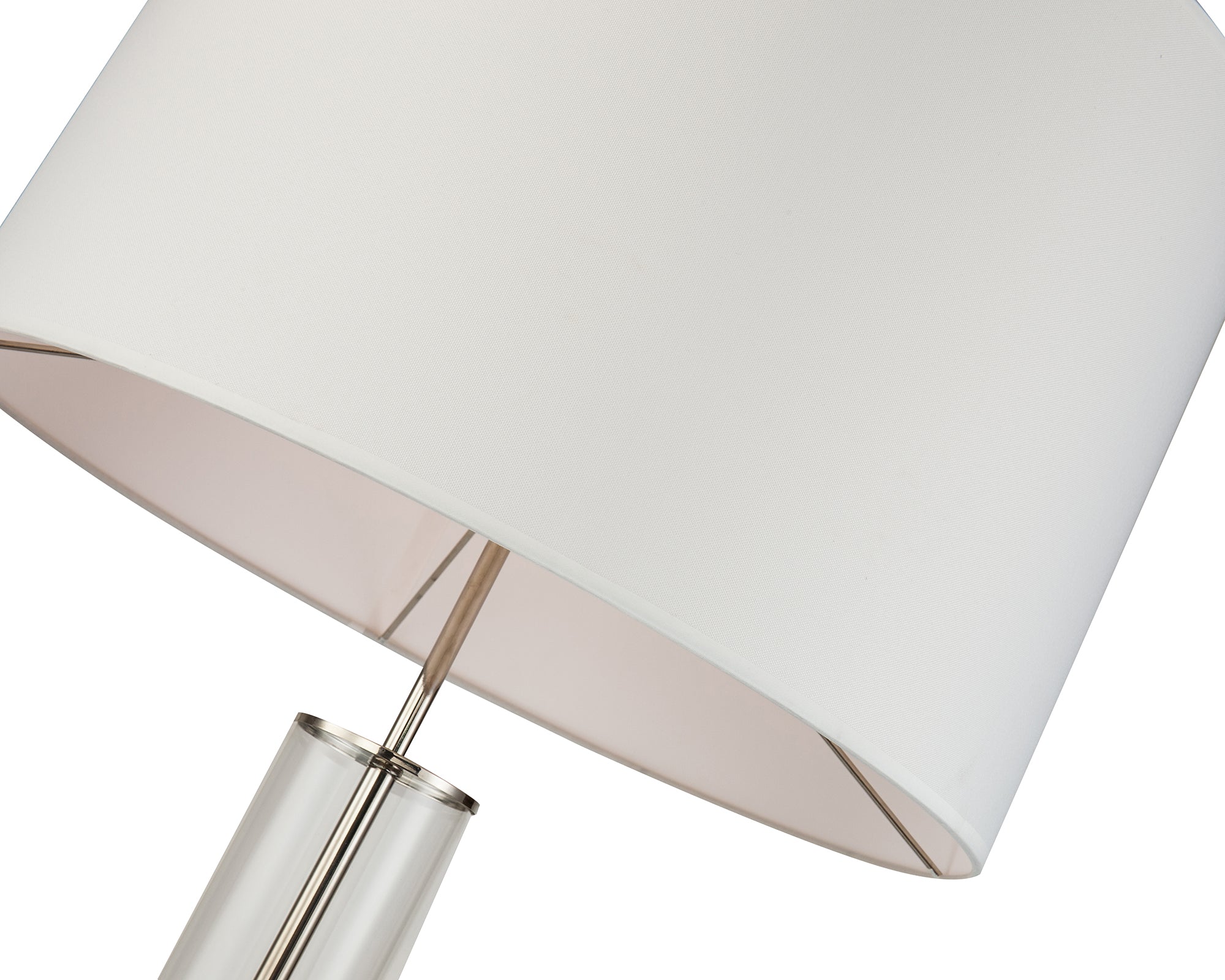 Norman Floor Lamp by Liang & Eimil featuring a clear glass base, nickel detailing, and white fabric shade