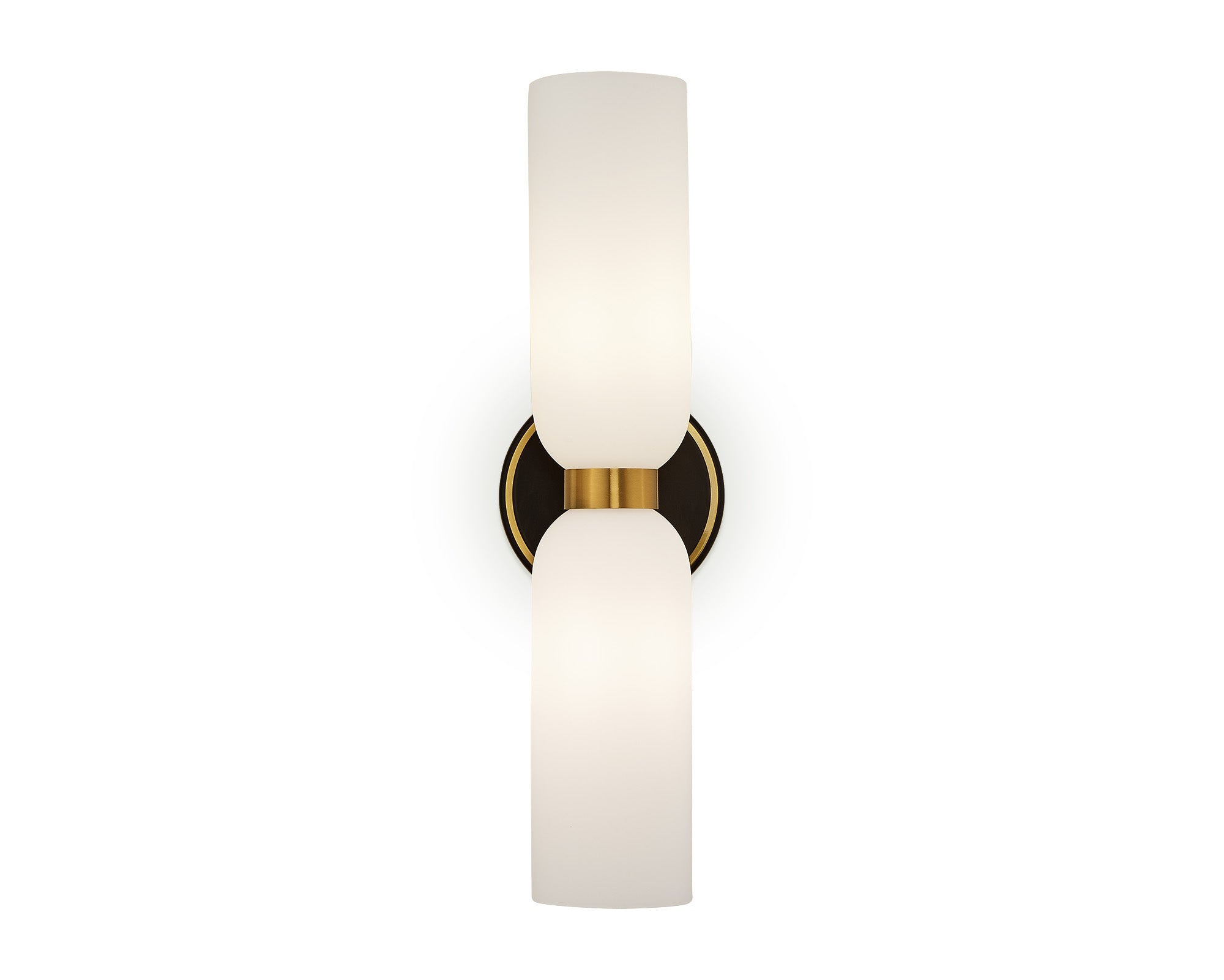 Pawson Wall Light by Liang & Eimil with white glass shades, black iron frame, and brass accents