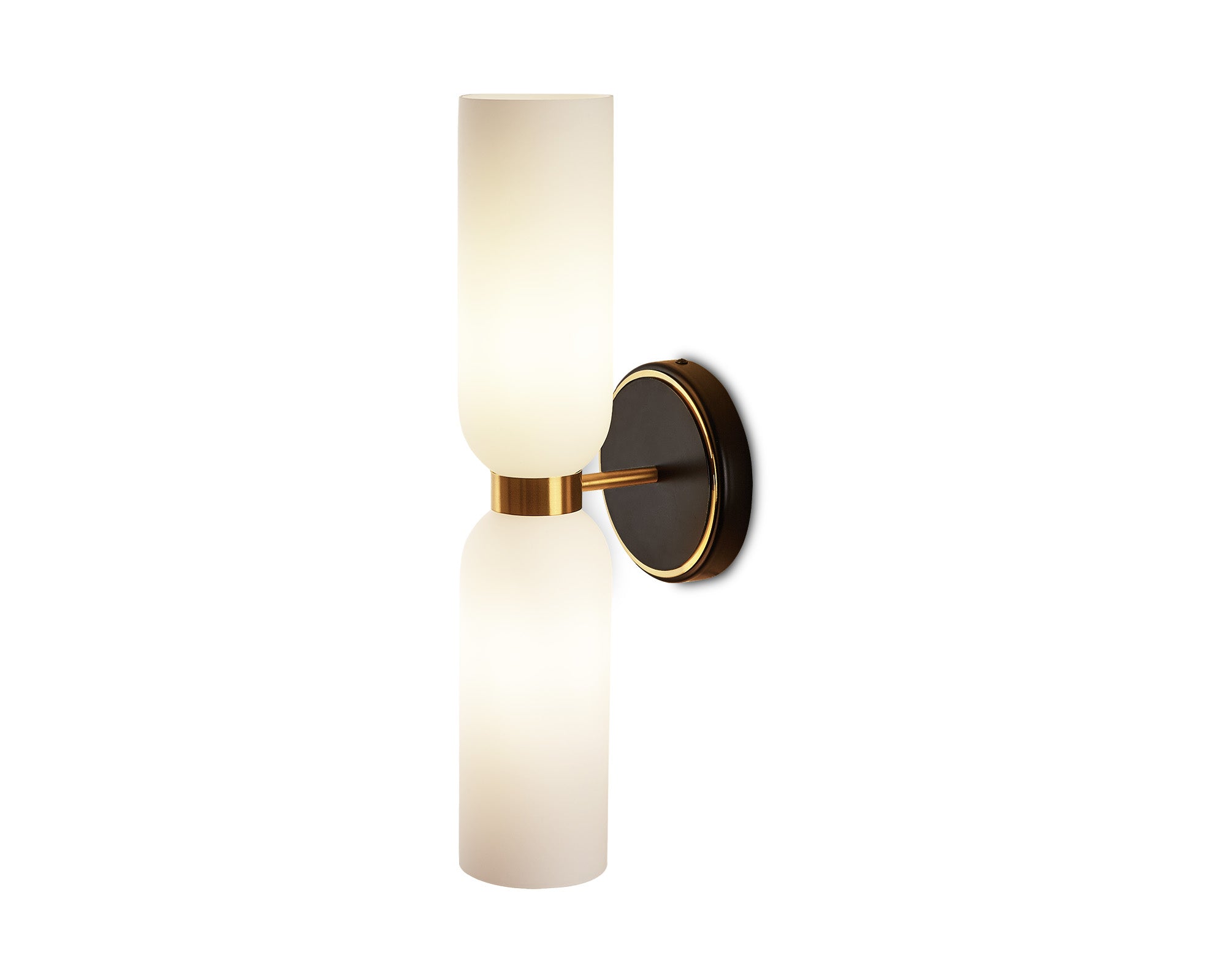 Pawson Wall Light by Liang & Eimil with white glass shades, black iron frame, and brass accents