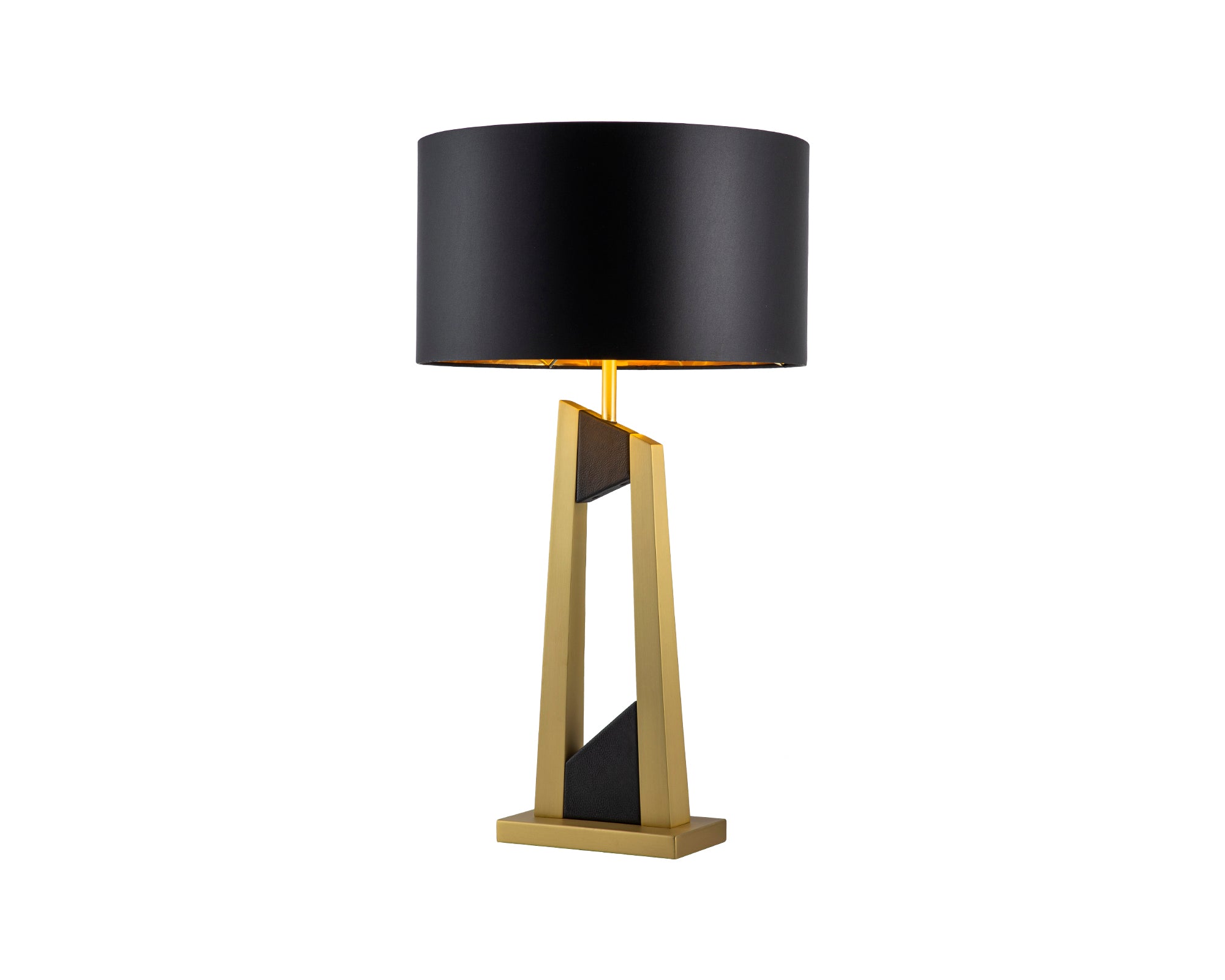 Pharo Table Lamp by Liang & Eimil featuring a brushed brass frame, black leather accents, and a black fabric shade with gold interior