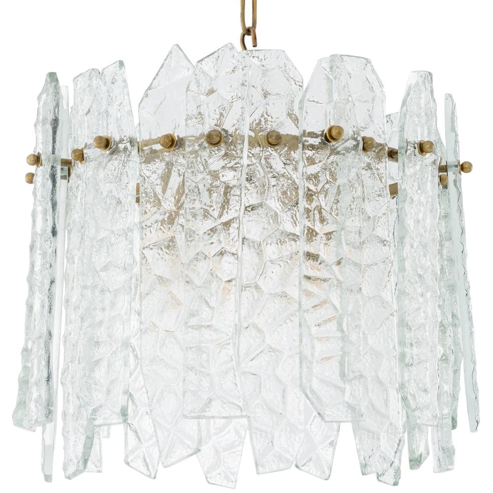 Sculptural cylindrical Prati Chandelier showcasing its dense arrangement of handcrafted glass panels.