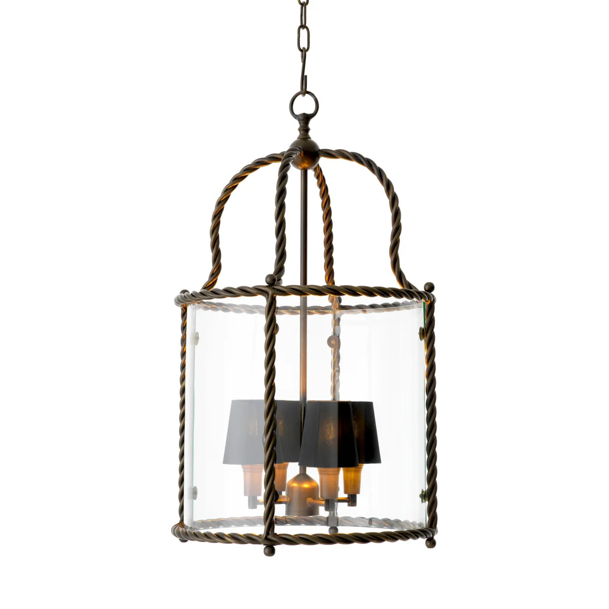 Preston Pendant by Eichholtz showcasing a sculptural vintage brass frame, clear glass and elegant white shades