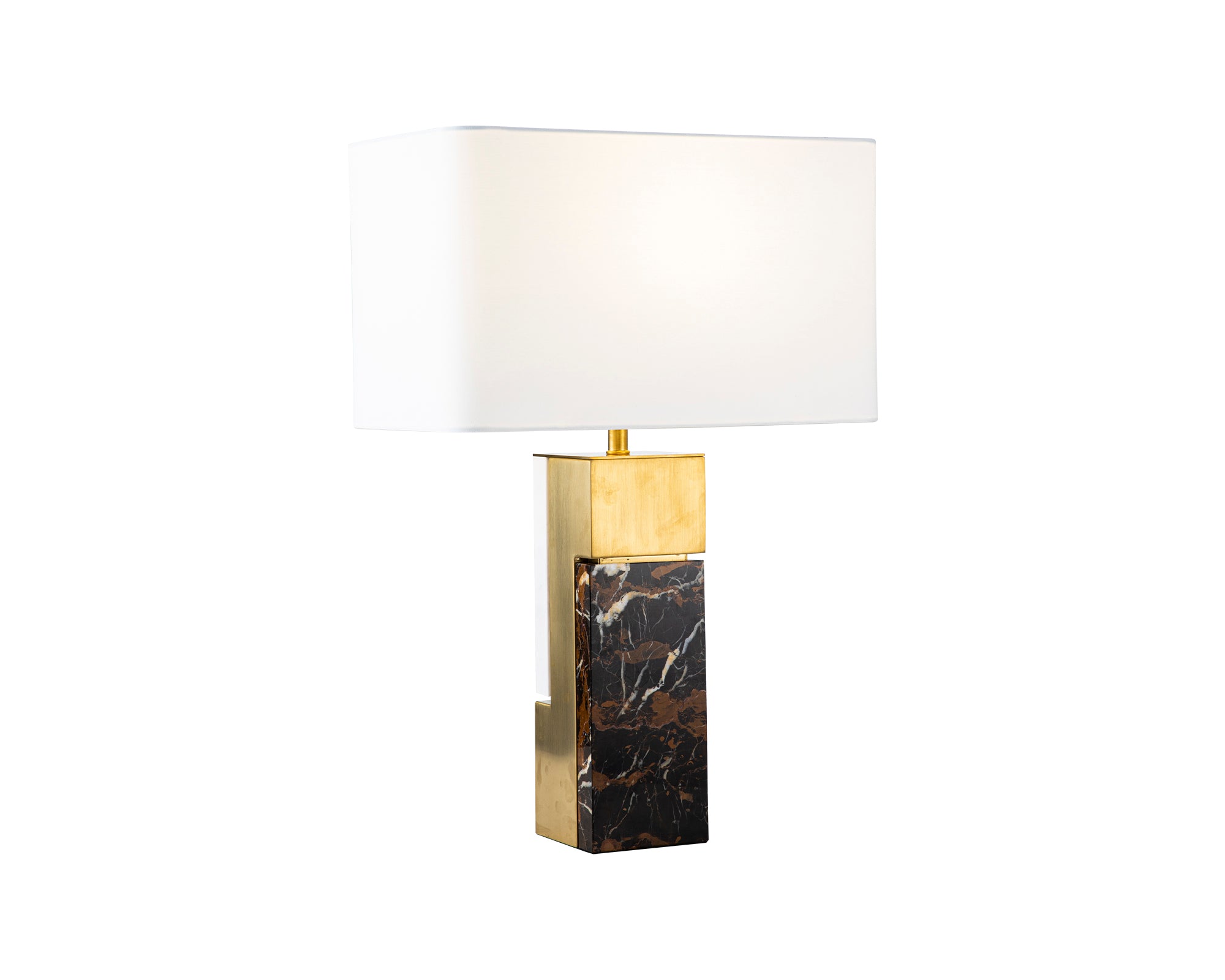 Rakke Table Lamp by Liang & Eimil featuring a travertine marble base, brushed titanium frame, and white cotton shade