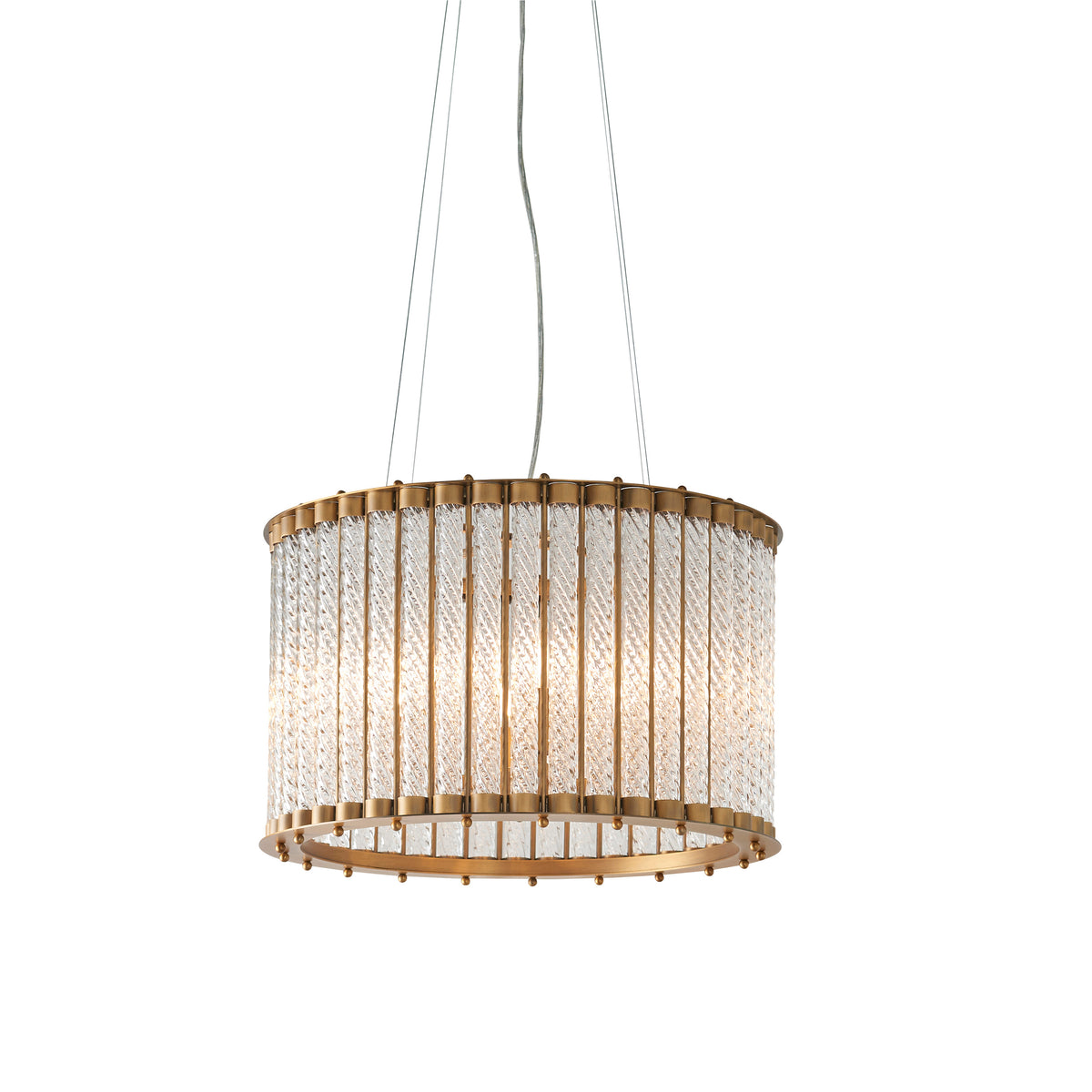 Romola 6 Light Pendant showcasing elegant matt gold metalwork and twisted clear glass