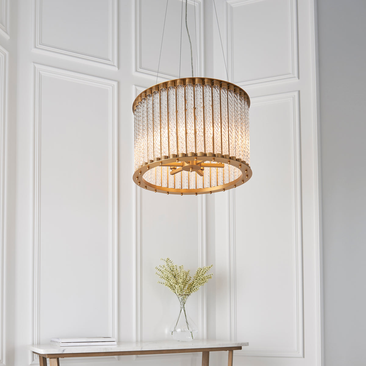Elegant front view of the Romola Pendant with its sophisticated six-arm chandelier silhouette