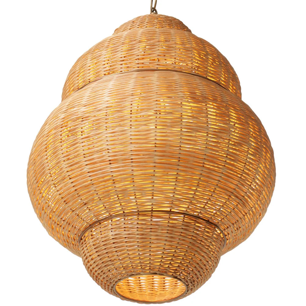 Close-up of the Rowlan Pendant highlighting its intricate woven rattan craftsmanship.