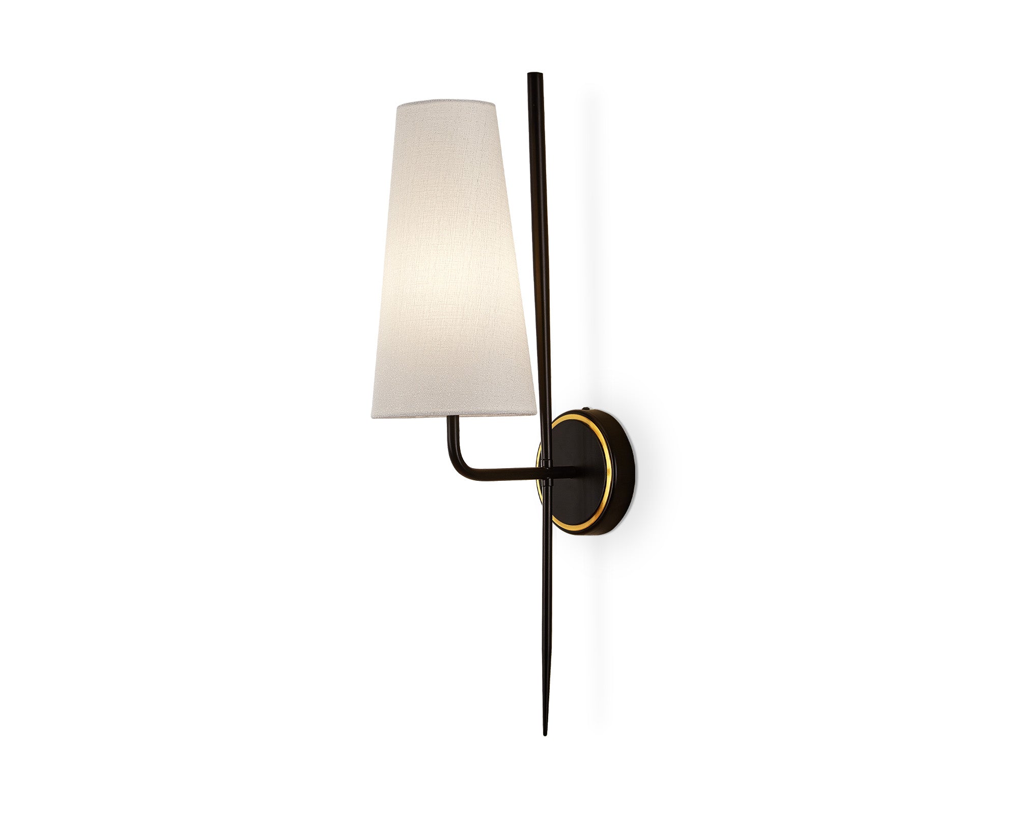 Serpa Wall Light by Liang & Eimil with white linen shade, black iron frame, and brushed brass accents